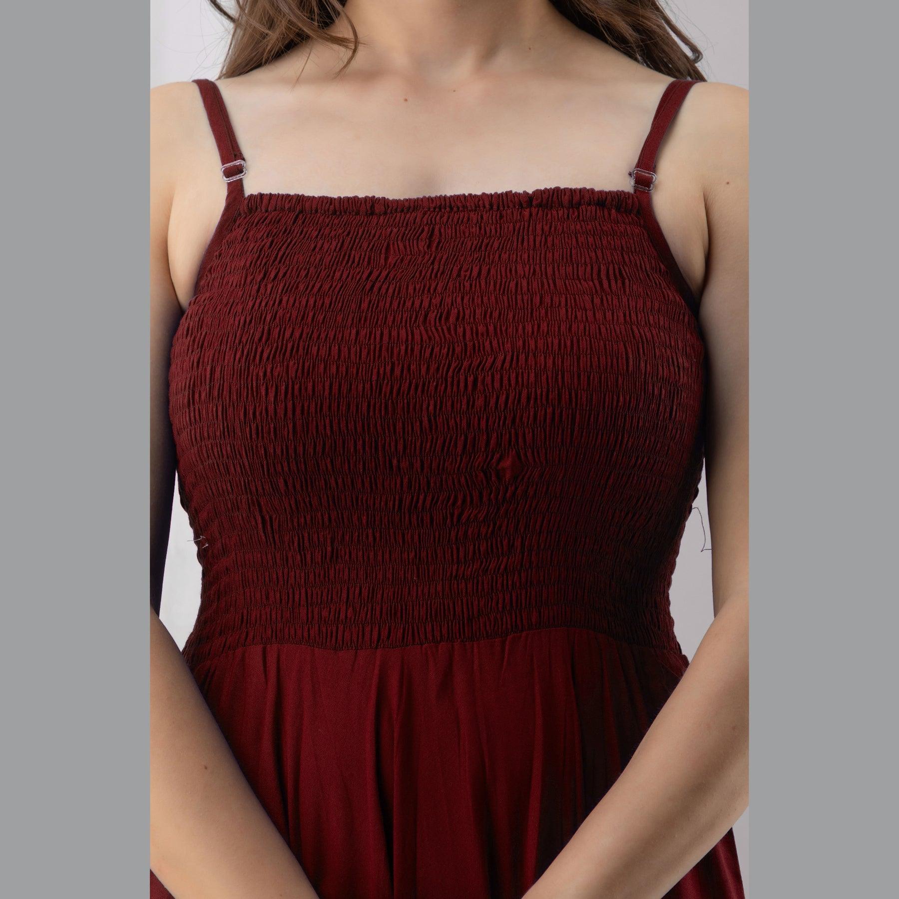 Maroon Shirred Gown Dress - Frionkandy