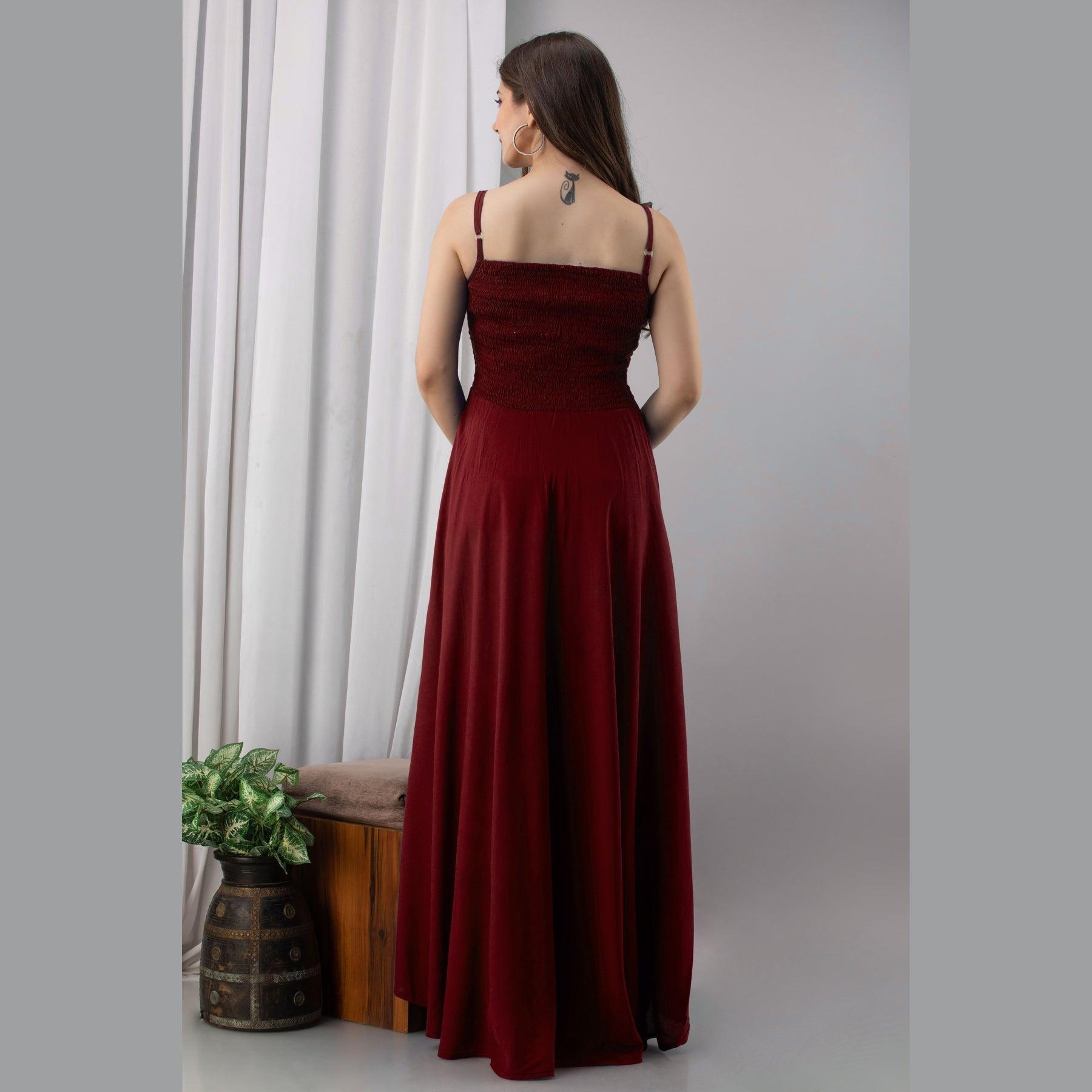 Maroon Shirred Gown Dress - Frionkandy