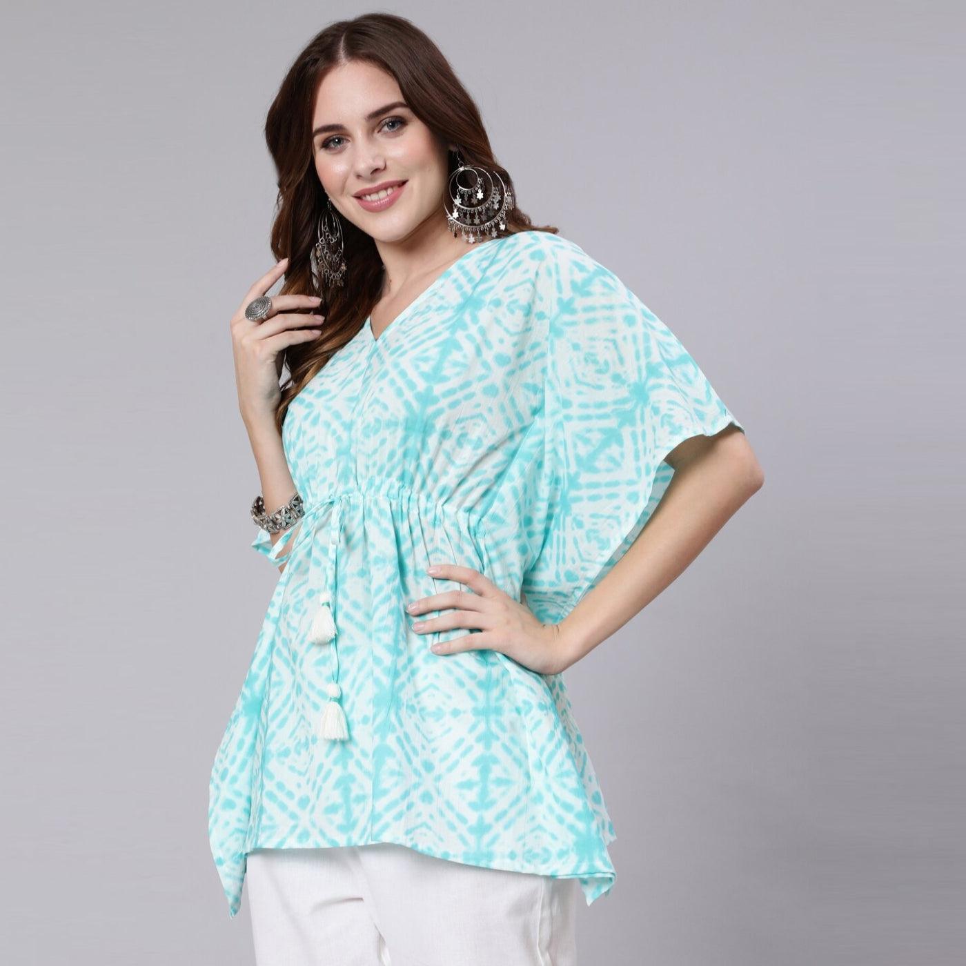 Light Blue Tie And Dye Print Cotton Kaftan Dress (SHKUP1207) - Frionkandy