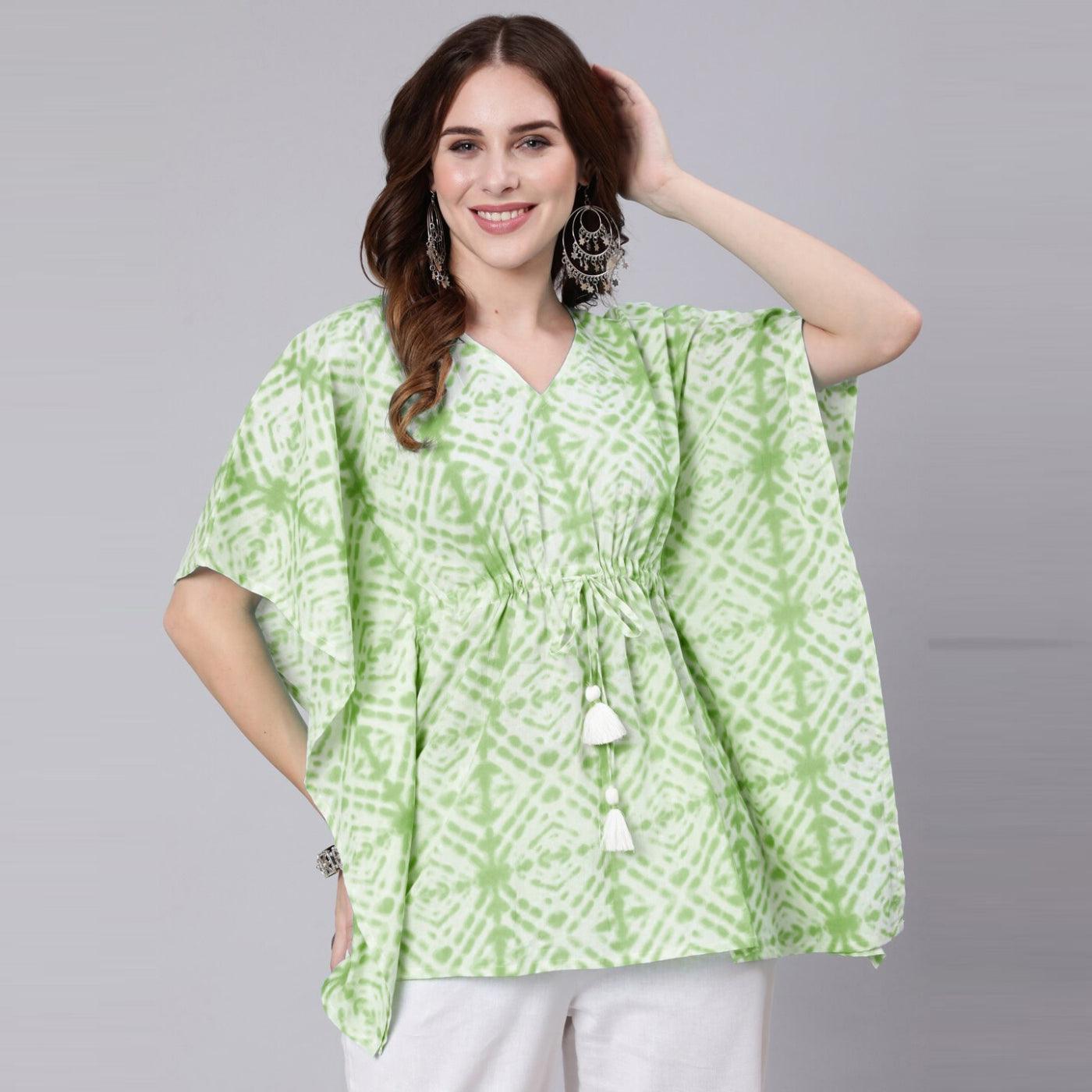 Light Green Tie And Dye Print Cotton Kaftan Dress (SHKUP1208) - Frionkandy