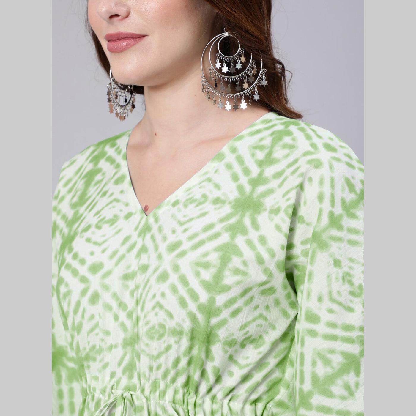 Light Green Tie And Dye Print Cotton Kaftan Dress (SHKUP1208) - Frionkandy