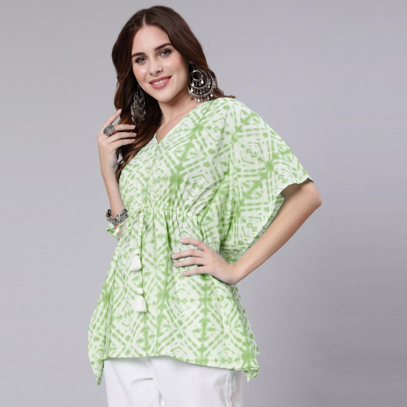 Light Green Tie And Dye Print Cotton Kaftan Dress (SHKUP1208) - Frionkandy