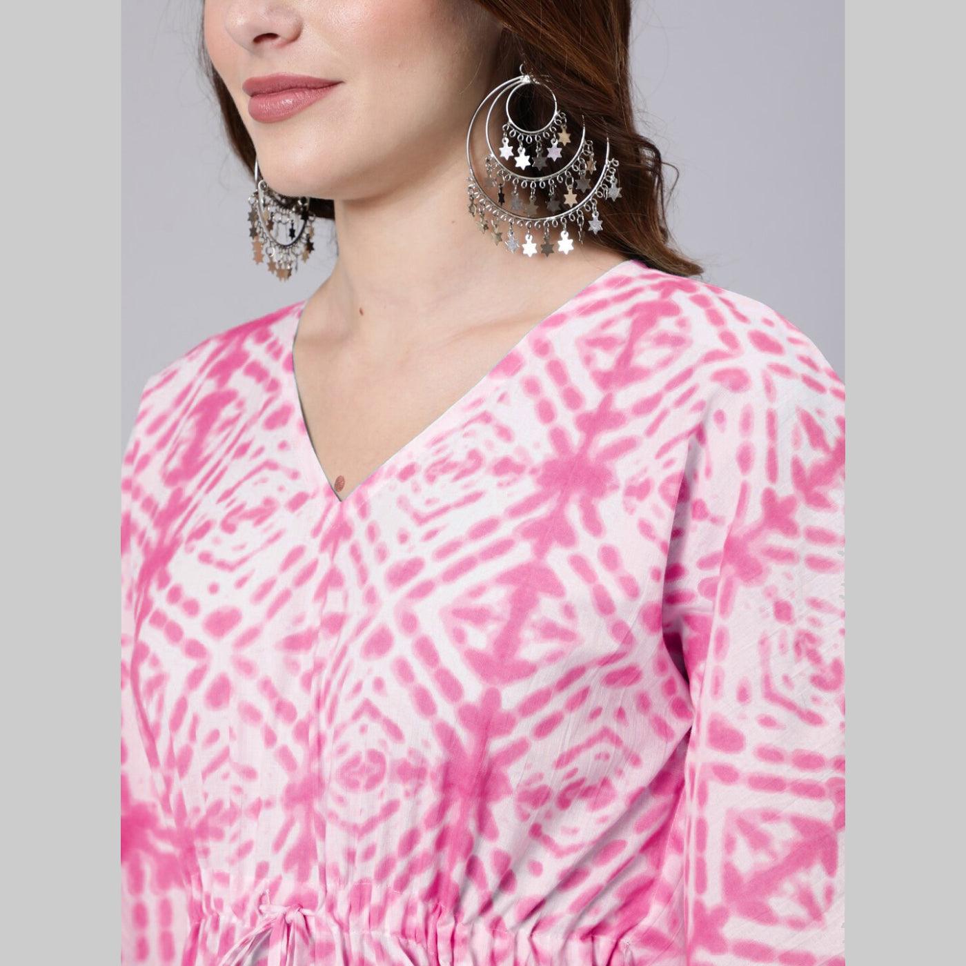 Pink Tie And Dye Print Cotton Kaftan Dress (SHKUP1210) - Frionkandy