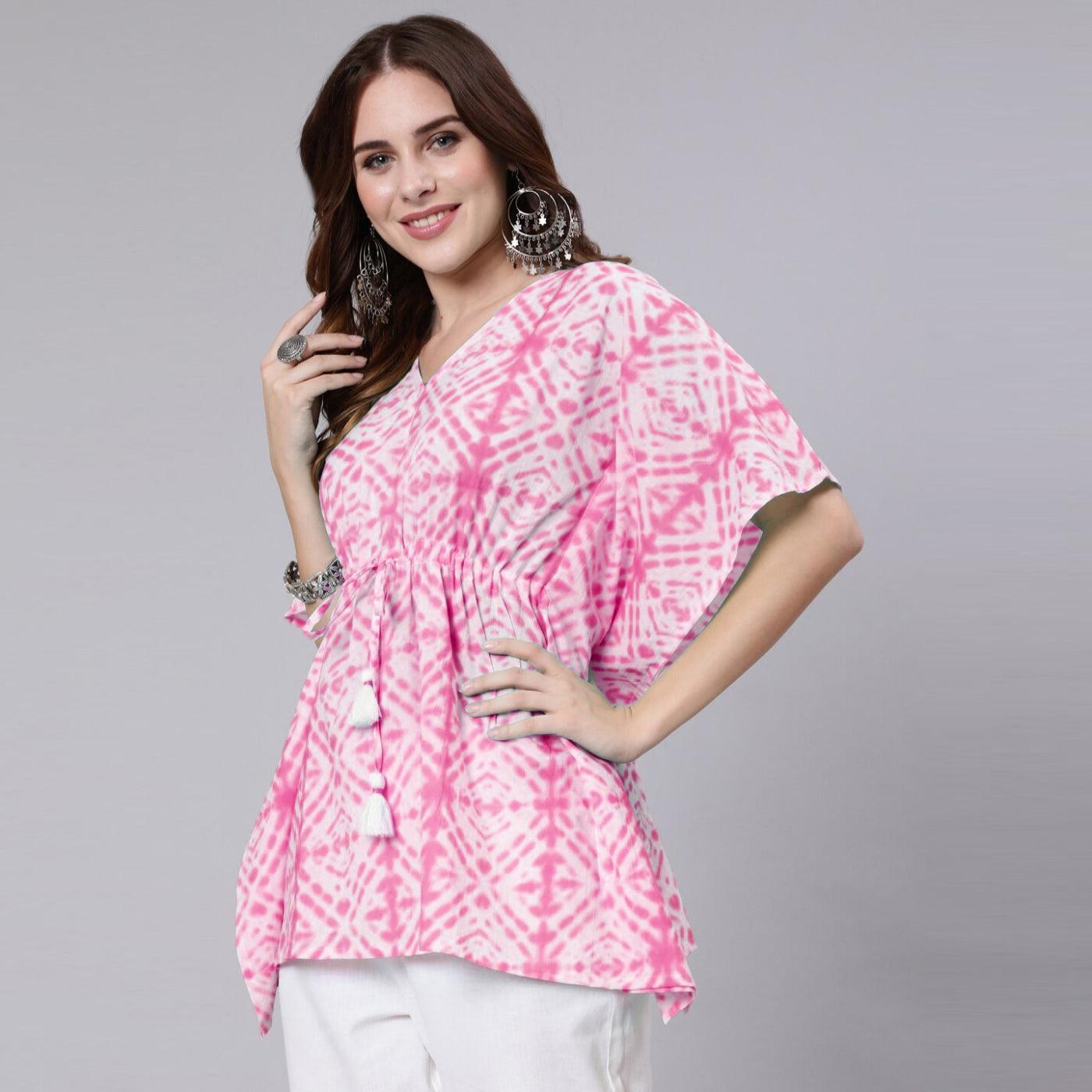 Pink Tie And Dye Print Cotton Kaftan Dress (SHKUP1210) - Frionkandy