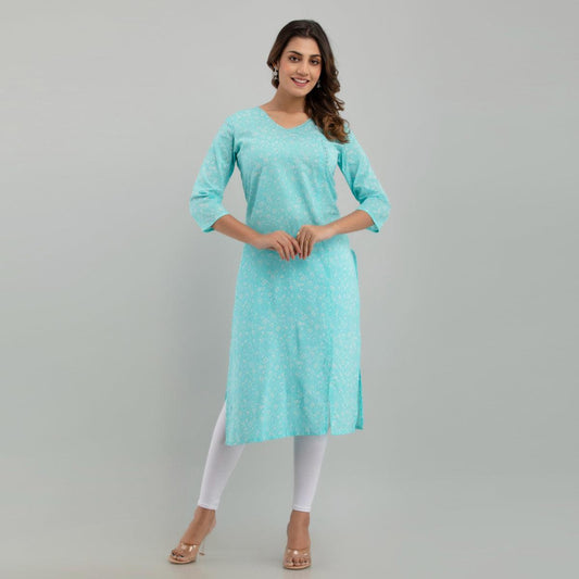 Women Sky Blue Floral Print Straight Kurta (SHKUP1214) - Frionkandy