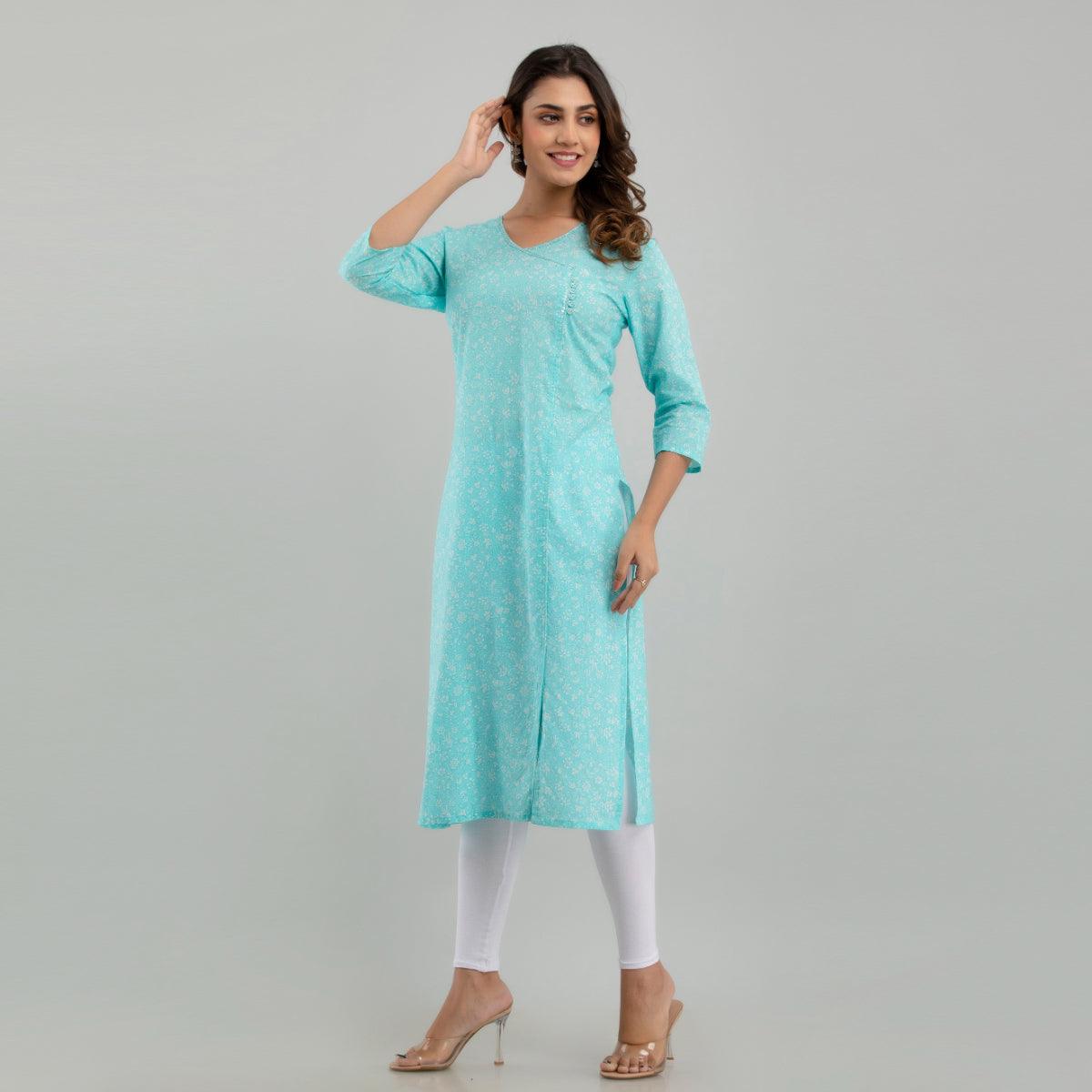 Women Sky Blue Floral Print Straight Kurta (SHKUP1214) - Frionkandy