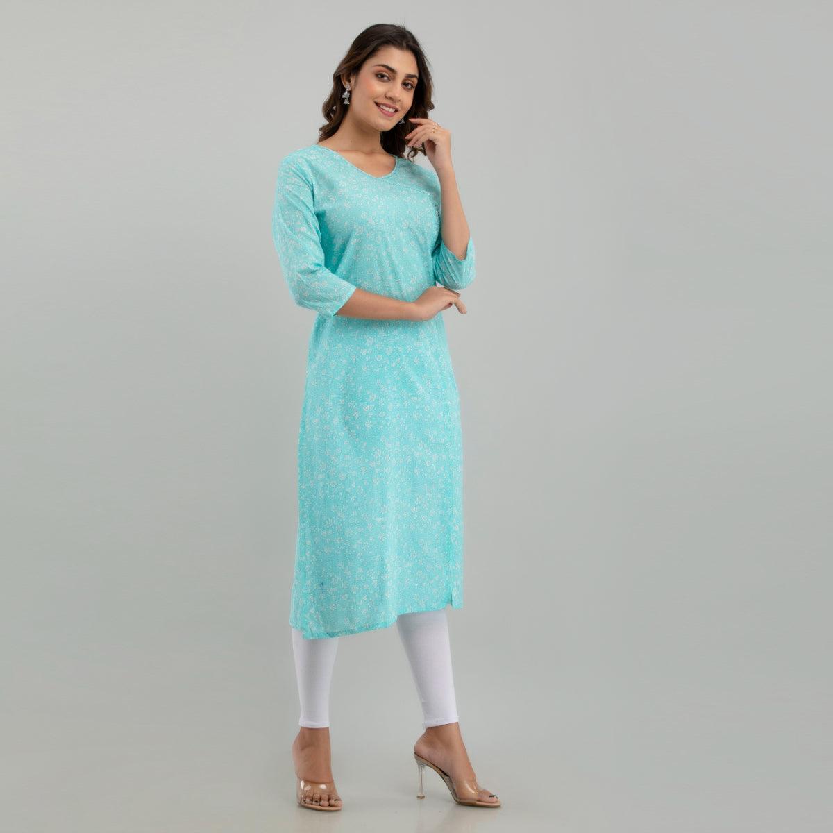 Women Sky Blue Floral Print Straight Kurta (SHKUP1214) - Frionkandy