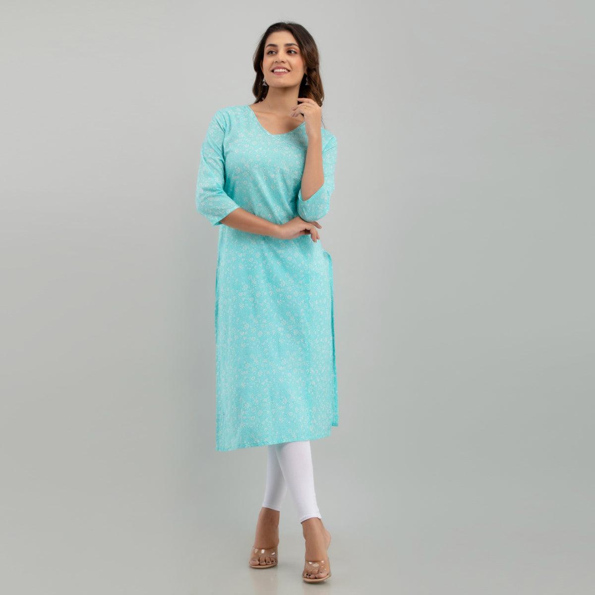 Women Sky Blue Floral Print Straight Kurta (SHKUP1214) - Frionkandy