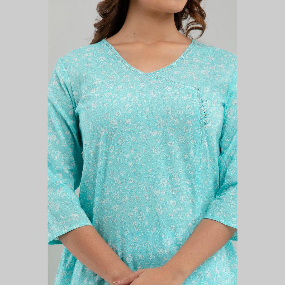 Women Sky Blue Floral Print Straight Kurta (SHKUP1214) - Frionkandy