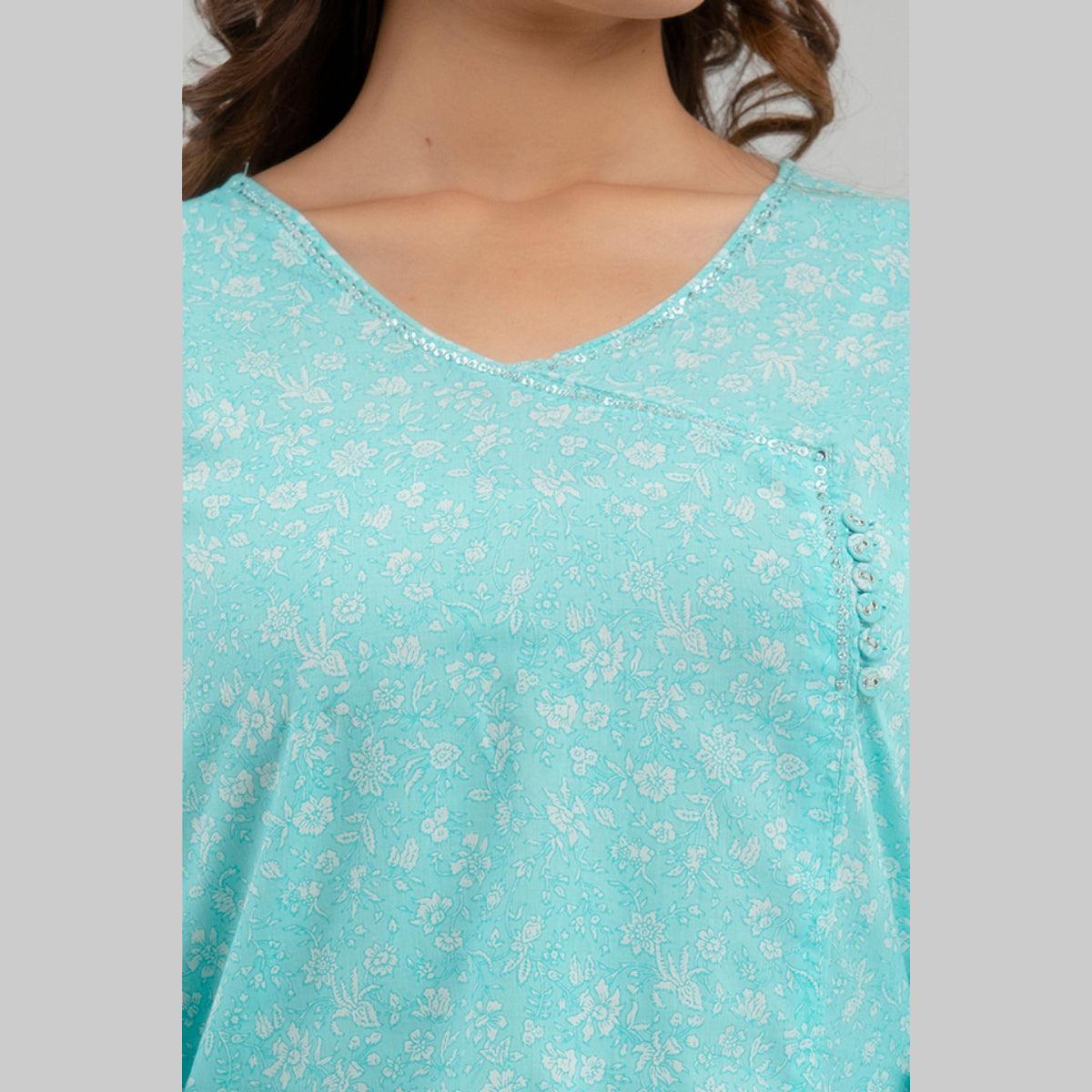 Women Sky Blue Floral Print Straight Kurta (SHKUP1214) - Frionkandy