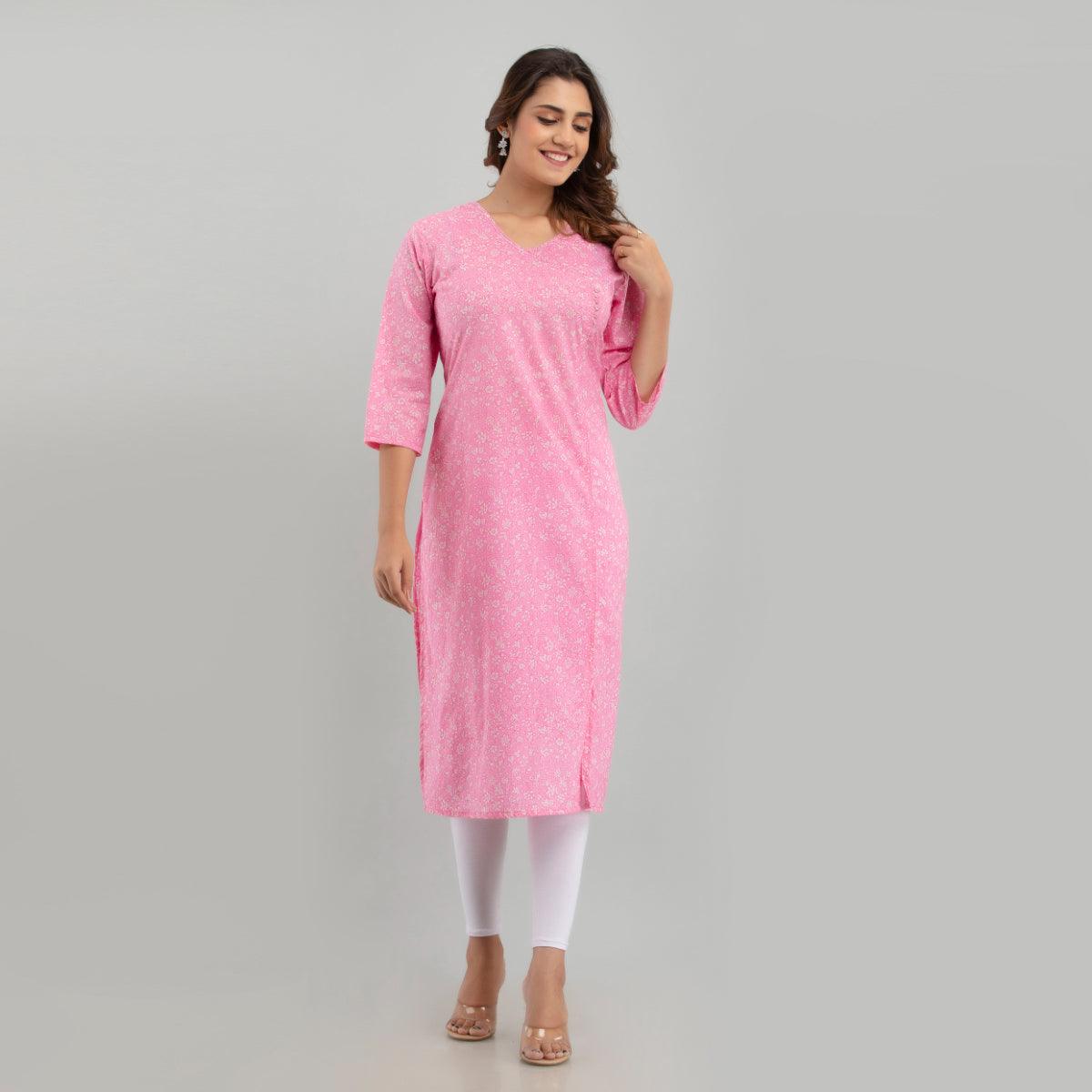 Women Pink Floral Print Straight Kurta (SHKUP1215) - Frionkandy