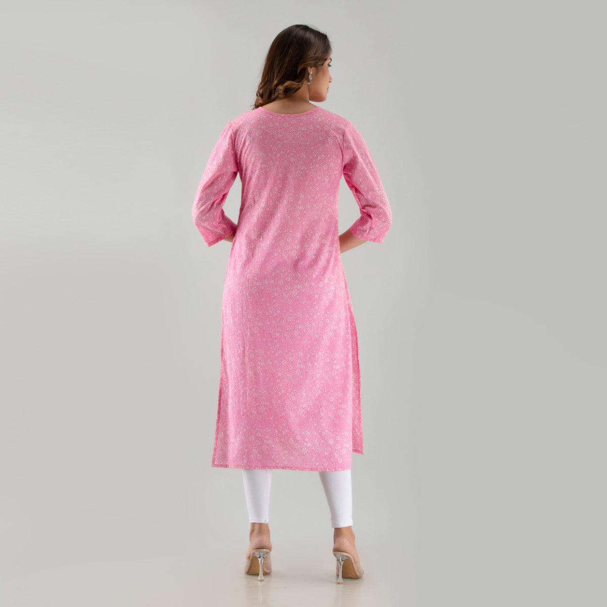 Women Pink Floral Print Straight Kurta (SHKUP1215) - Frionkandy