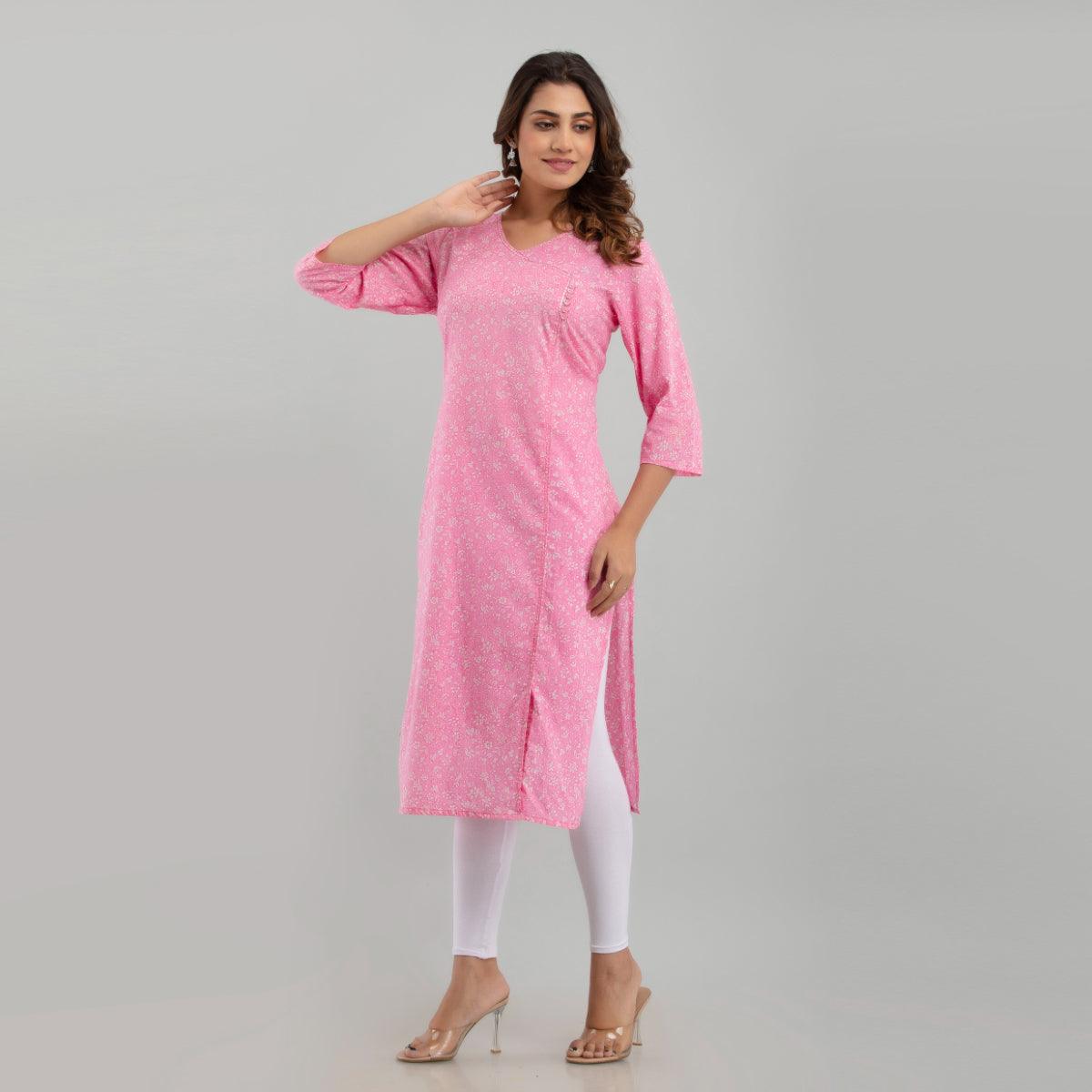 Women Pink Floral Print Straight Kurta (SHKUP1215) - Frionkandy