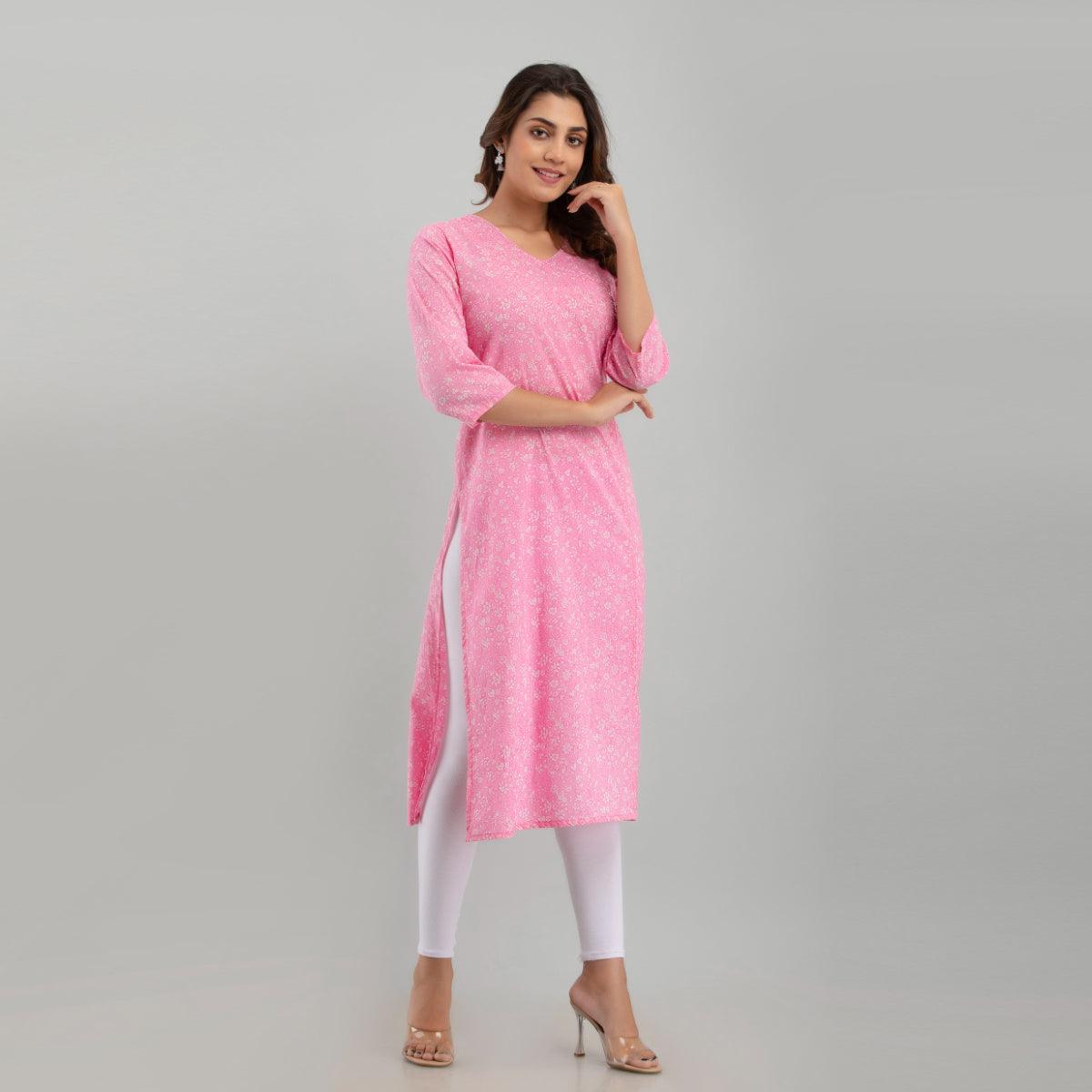 Women Pink Floral Print Straight Kurta (SHKUP1215) - Frionkandy