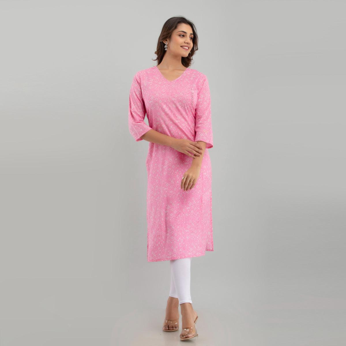 Women Pink Floral Print Straight Kurta (SHKUP1215) - Frionkandy