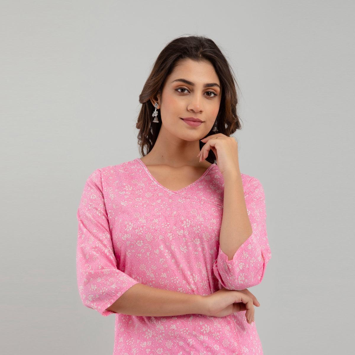 Women Pink Floral Print Straight Kurta (SHKUP1215) - Frionkandy