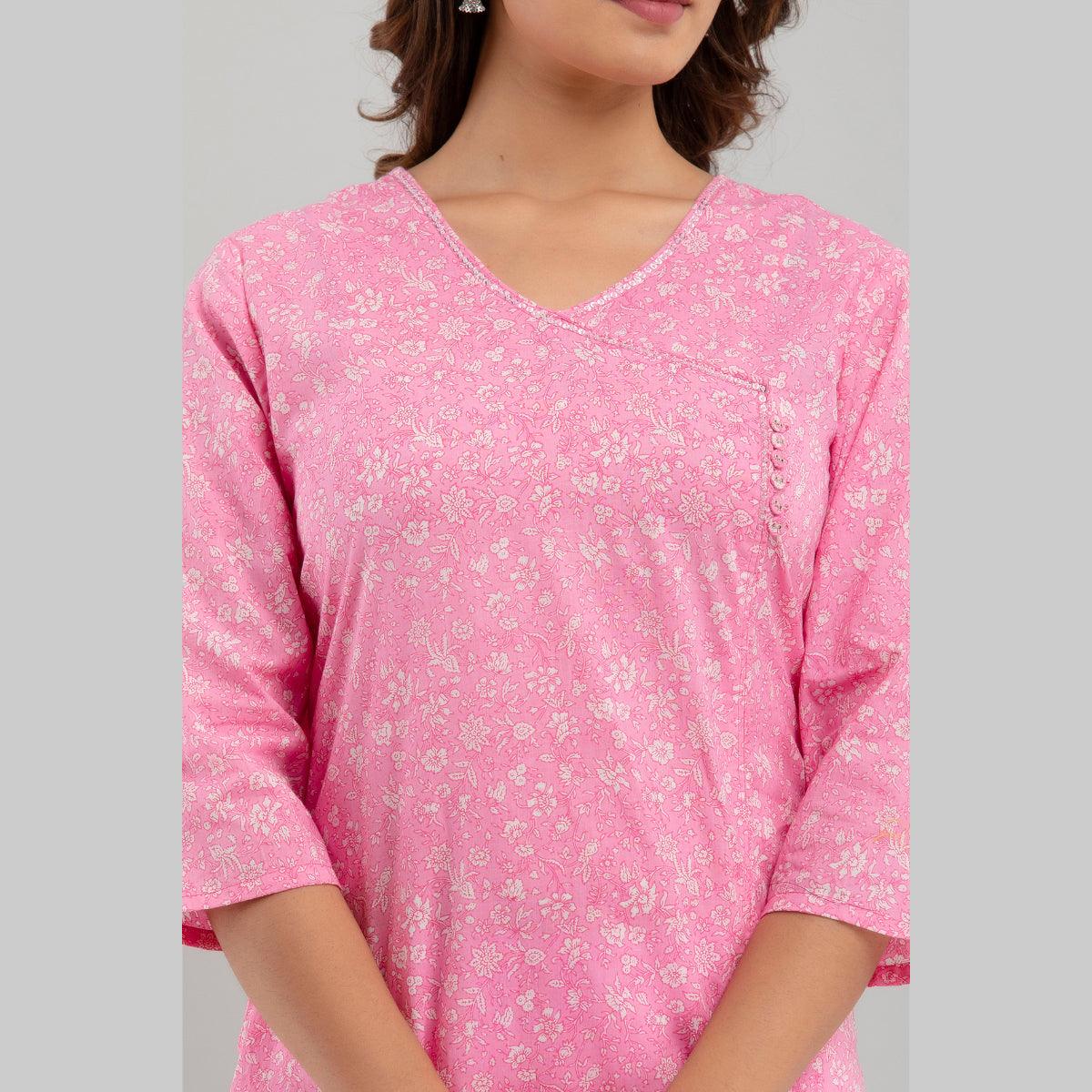 Women Pink Floral Print Straight Kurta (SHKUP1215) - Frionkandy