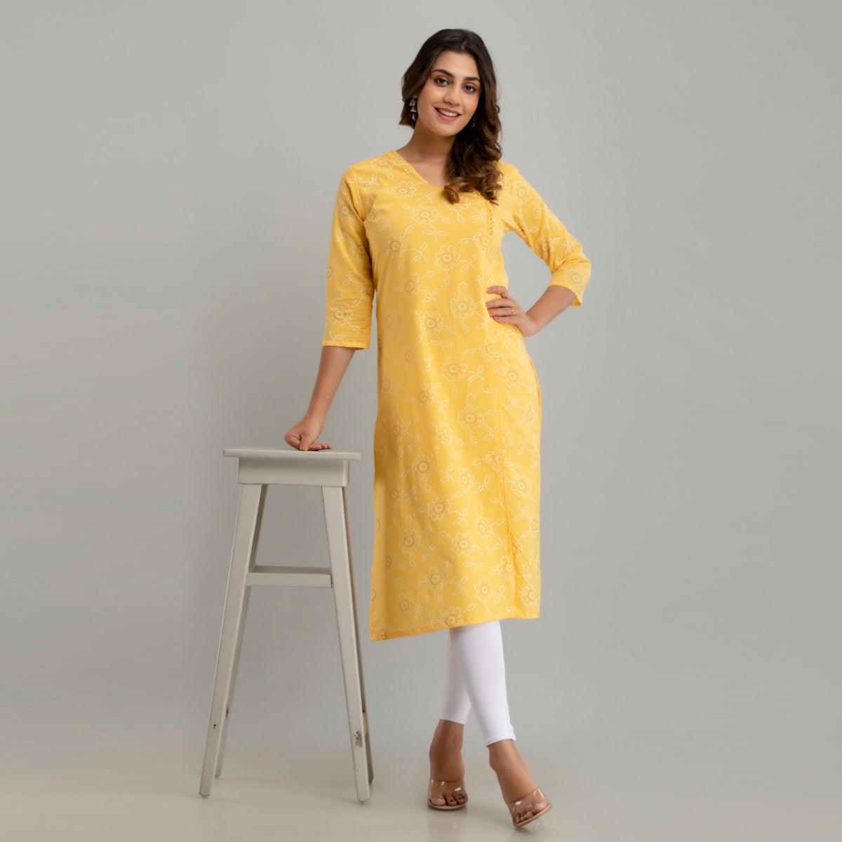 Women Yellow Floral Print Straight Kurta (SHKUP1217) - Frionkandy