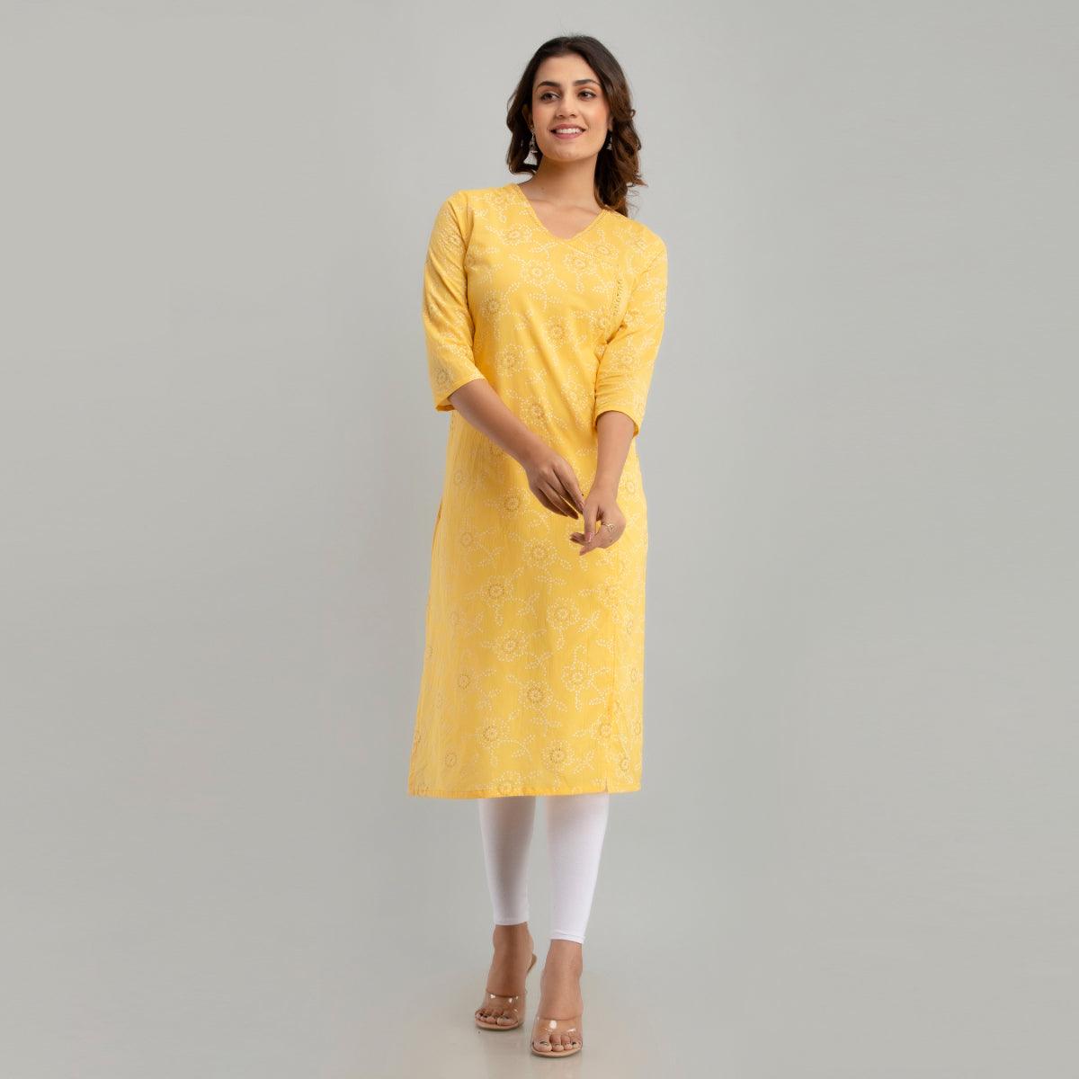 Women Yellow Floral Print Straight Kurta (SHKUP1217) - Frionkandy