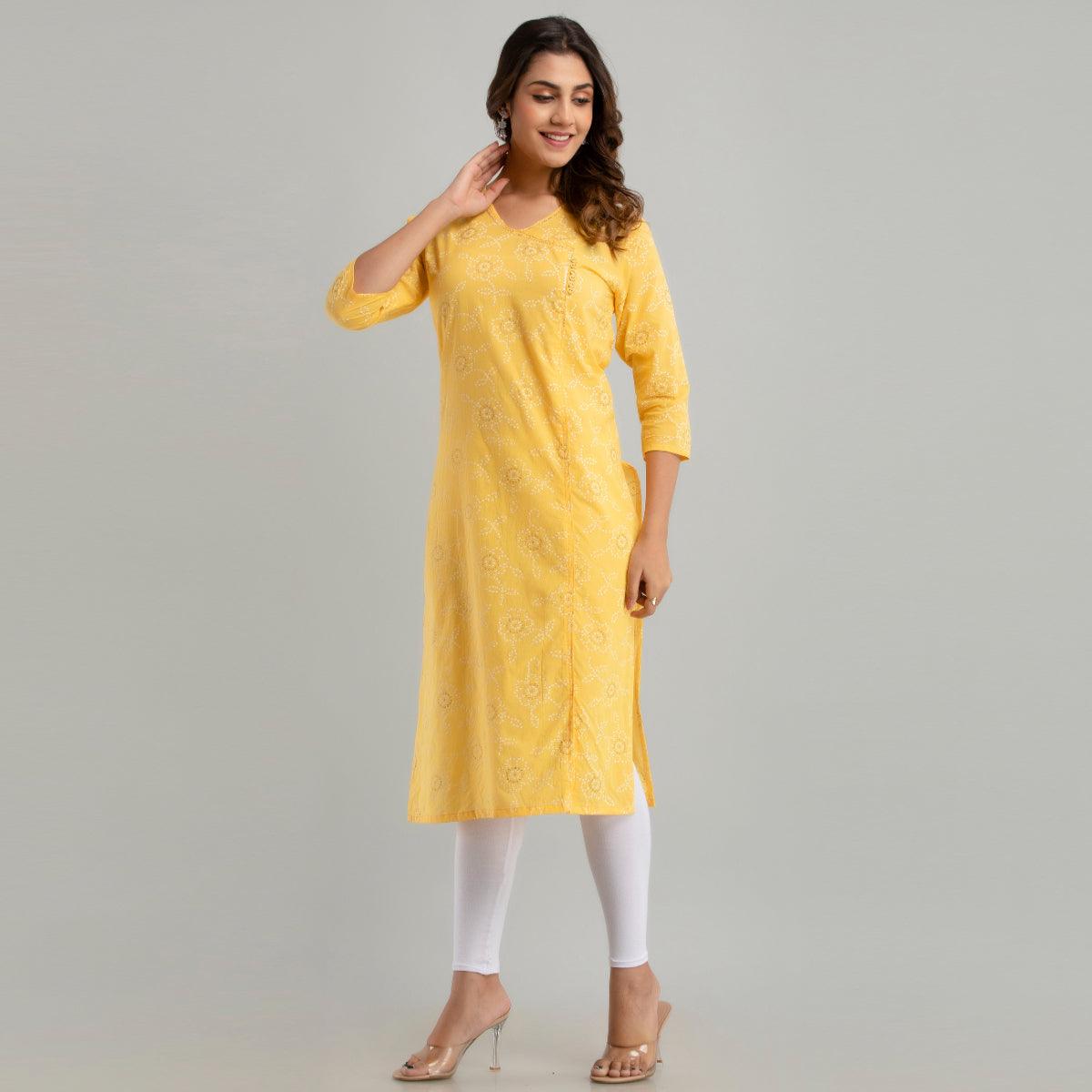 Women Yellow Floral Print Straight Kurta (SHKUP1217) - Frionkandy