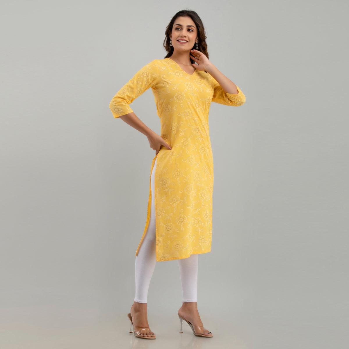 Women Yellow Floral Print Straight Kurta (SHKUP1217) - Frionkandy