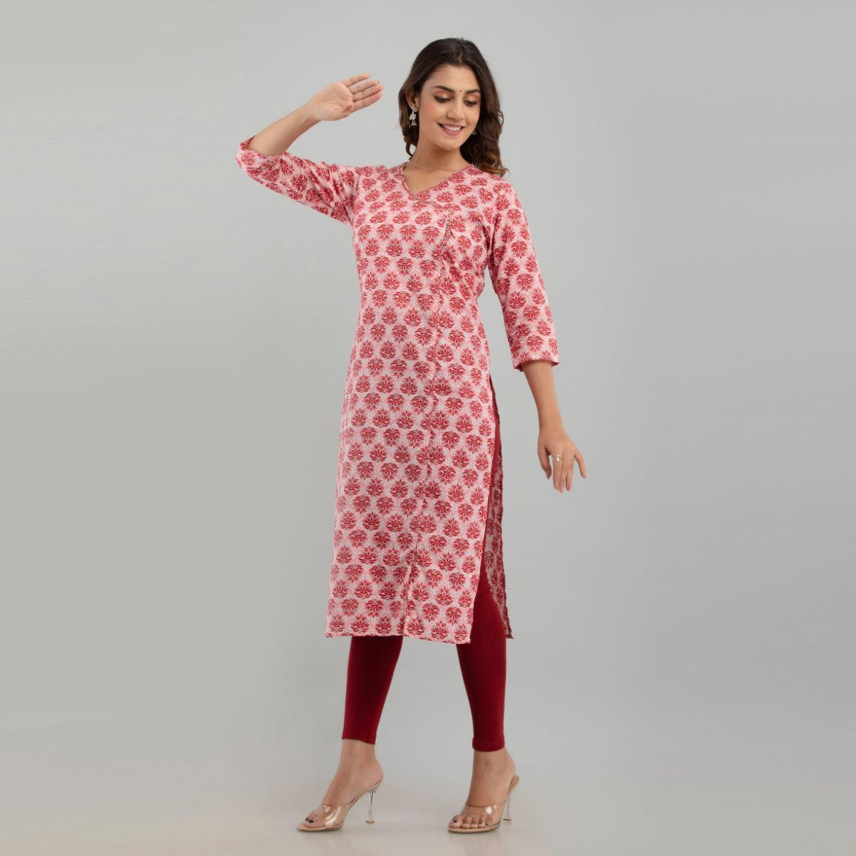 Women Pink Floral Print Straight Kurta (SHKUP1219) - Frionkandy