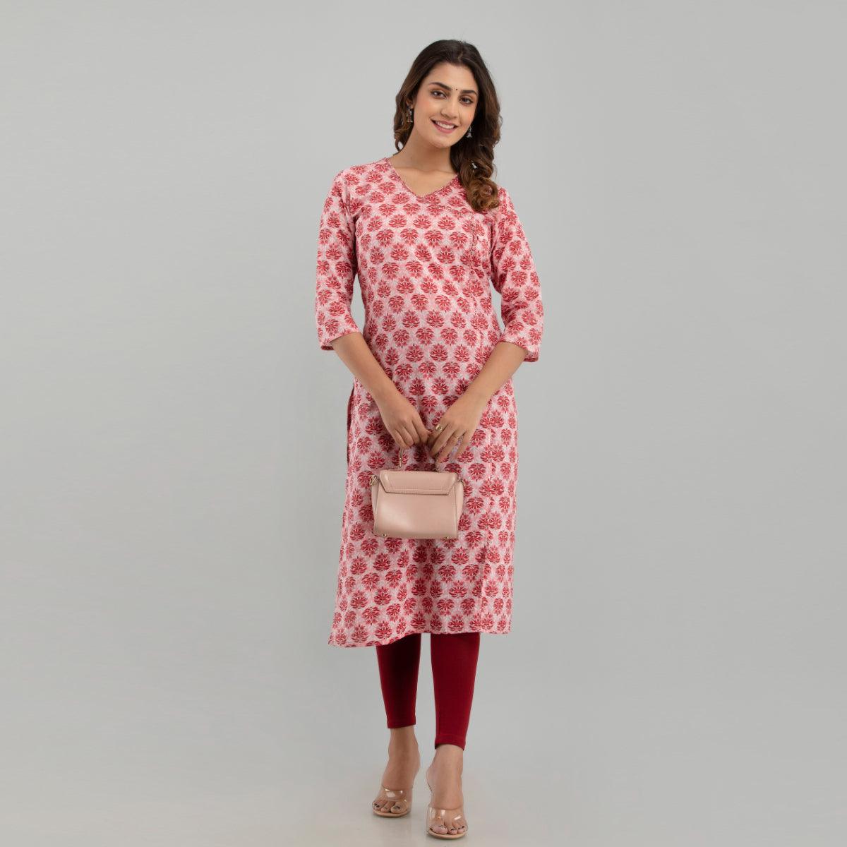 Women Pink Floral Print Straight Kurta (SHKUP1219) - Frionkandy