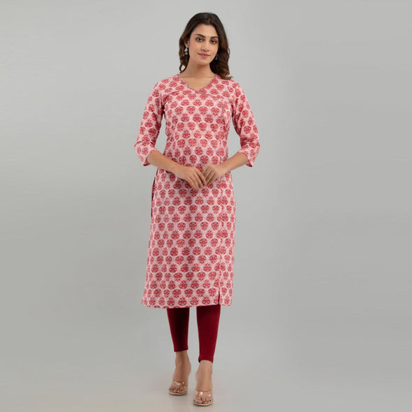 Women Pink Floral Print Straight Kurta (SHKUP1219) - Frionkandy