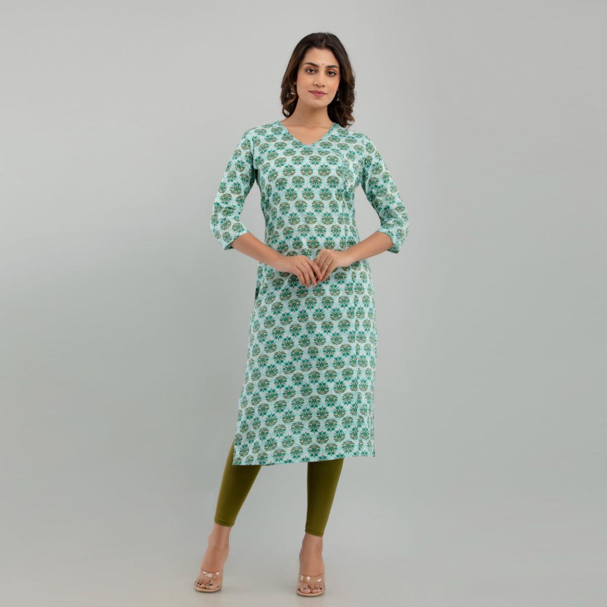 Women Sea Green Floral Print Straight Kurta (SHKUP1220) - Frionkandy