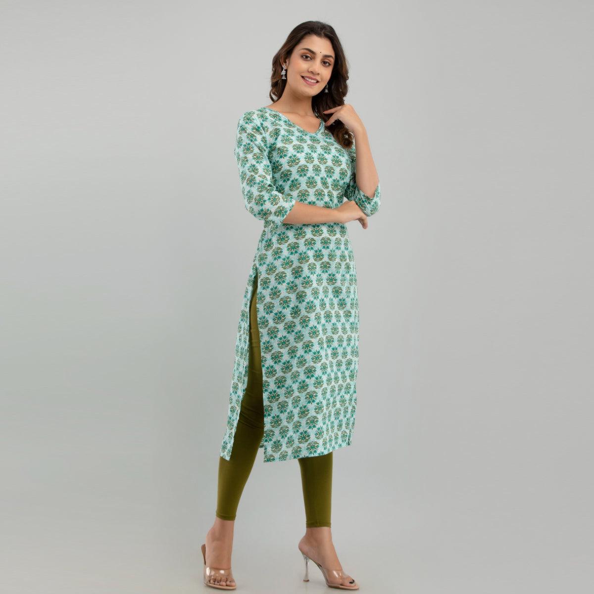 Women Sea Green Floral Print Straight Kurta (SHKUP1220) - Frionkandy