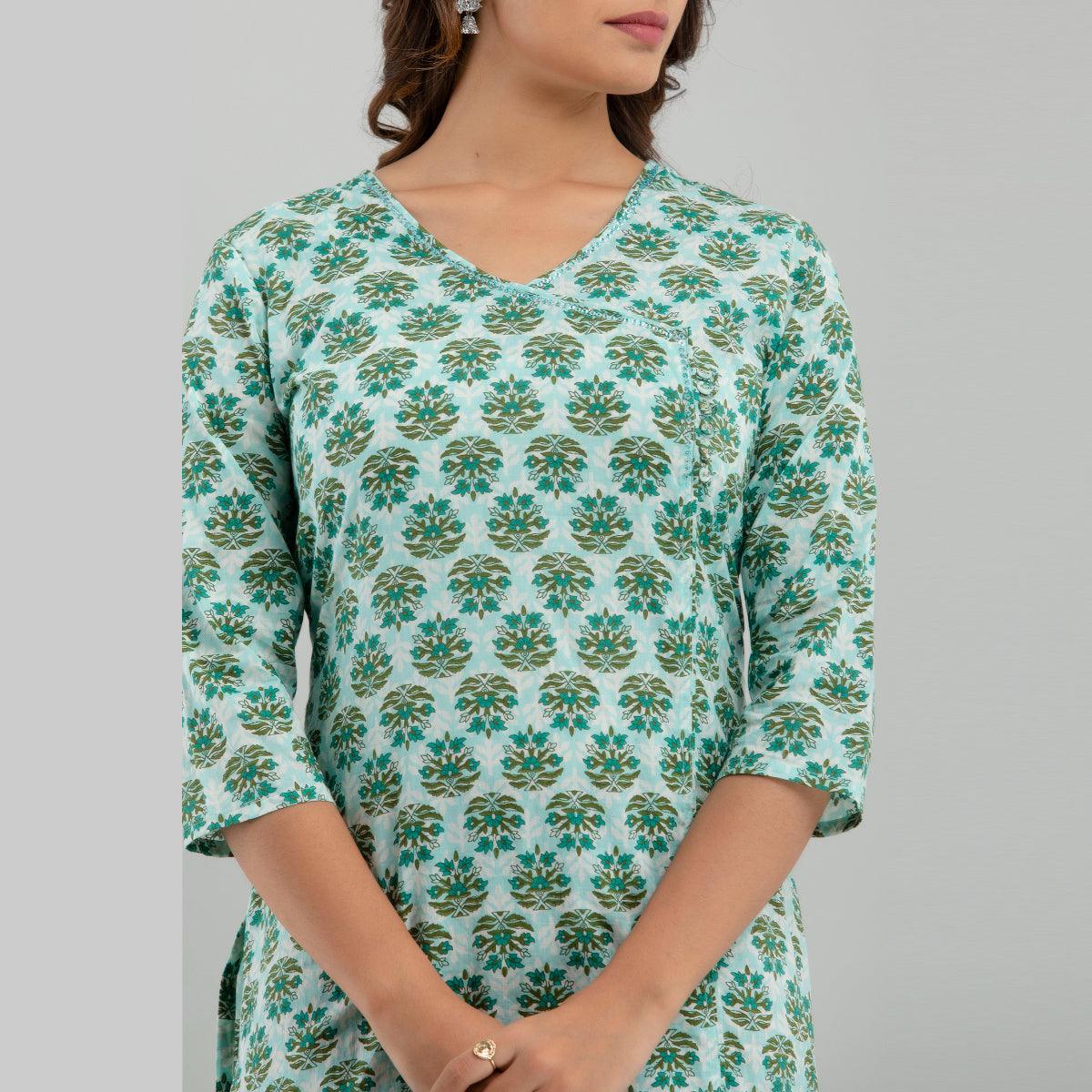 Women Sea Green Floral Print Straight Kurta (SHKUP1220) - Frionkandy