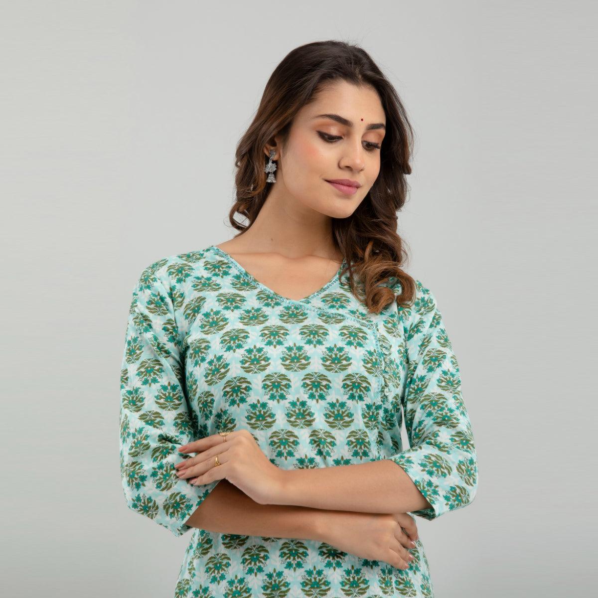 Women Sea Green Floral Print Straight Kurta (SHKUP1220) - Frionkandy