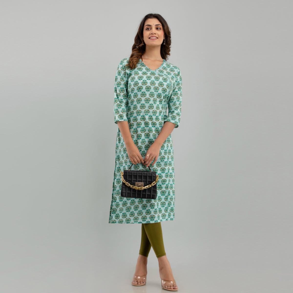 Women Sea Green Floral Print Straight Kurta (SHKUP1220) - Frionkandy