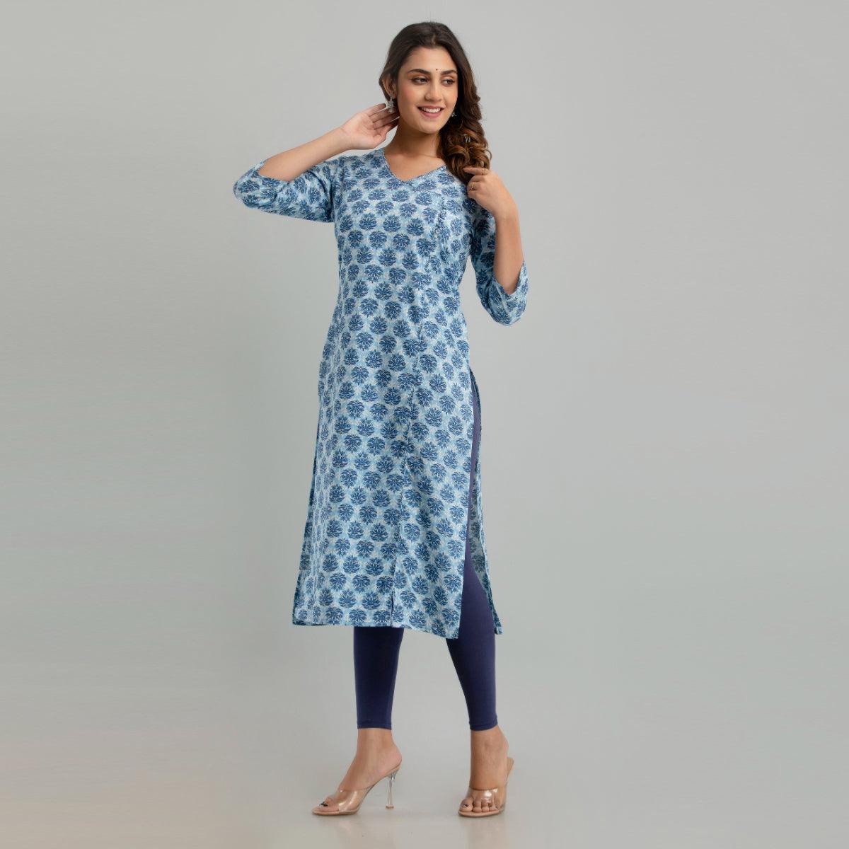 Women Light Blue Floral Print Straight Kurta (SHKUP1221) - Frionkandy