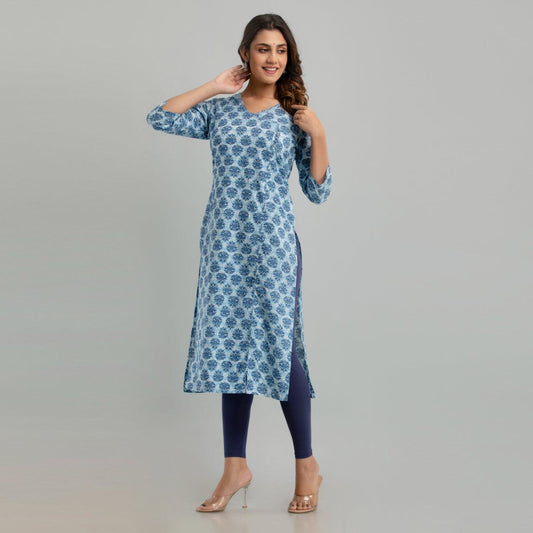 Women Light Blue Floral Print Straight Kurta (SHKUP1221) - Frionkandy