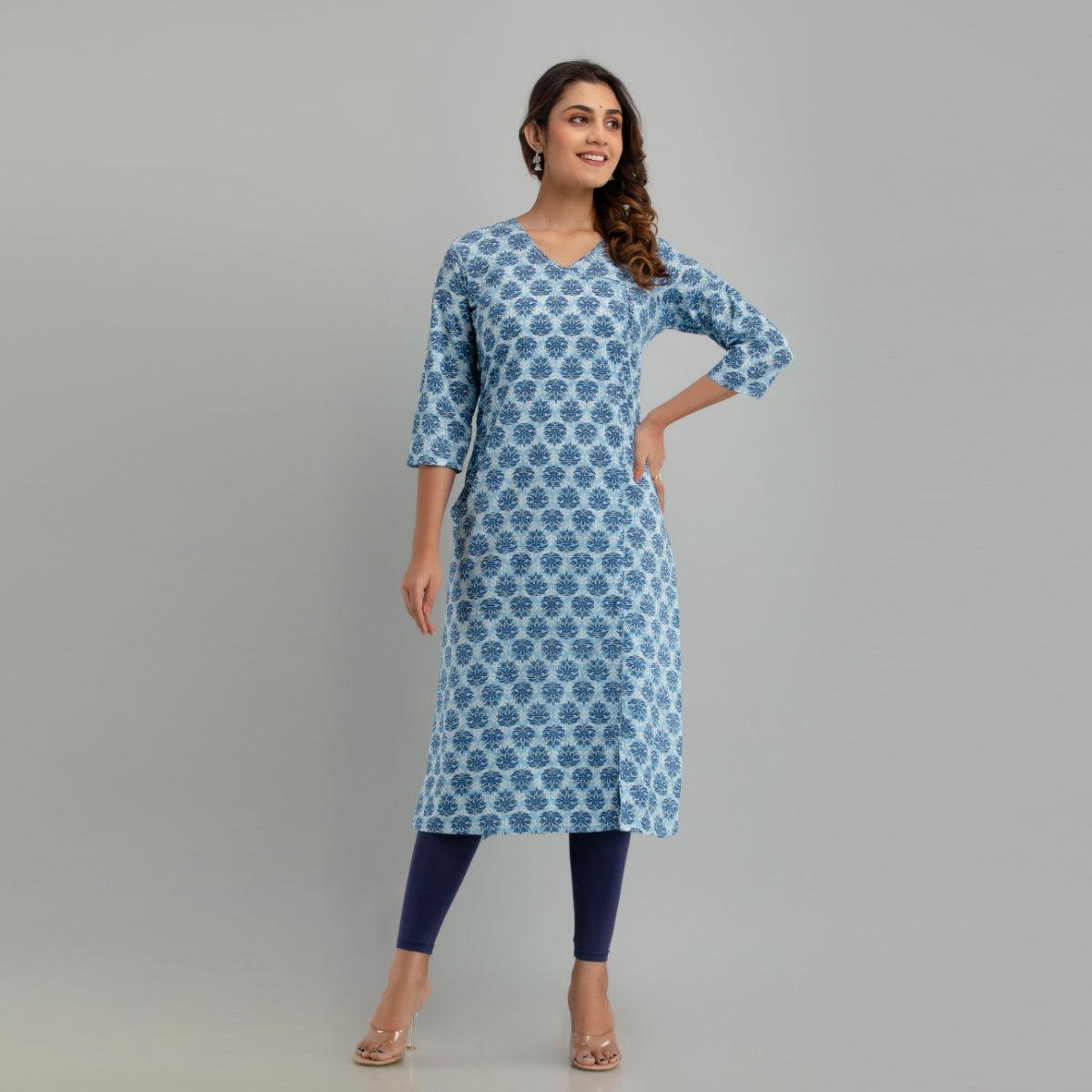 Women Light Blue Floral Print Straight Kurta (SHKUP1221) - Frionkandy