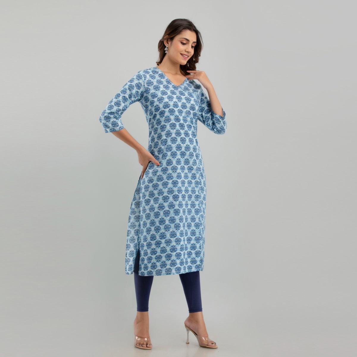 Women Light Blue Floral Print Straight Kurta (SHKUP1221) - Frionkandy