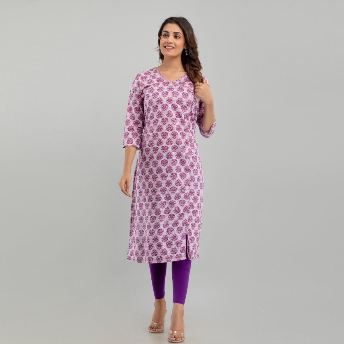 Women Purple Floral Print Straight Kurta (SHKUP1222) - Frionkandy