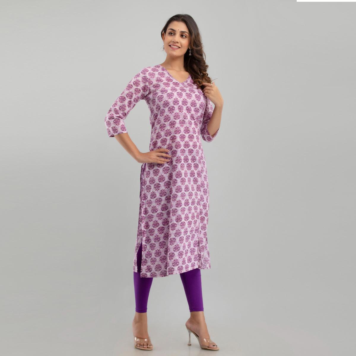 Women Purple Floral Print Straight Kurta (SHKUP1222) - Frionkandy