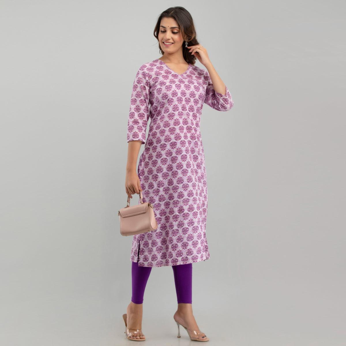 Women Purple Floral Print Straight Kurta (SHKUP1222) - Frionkandy