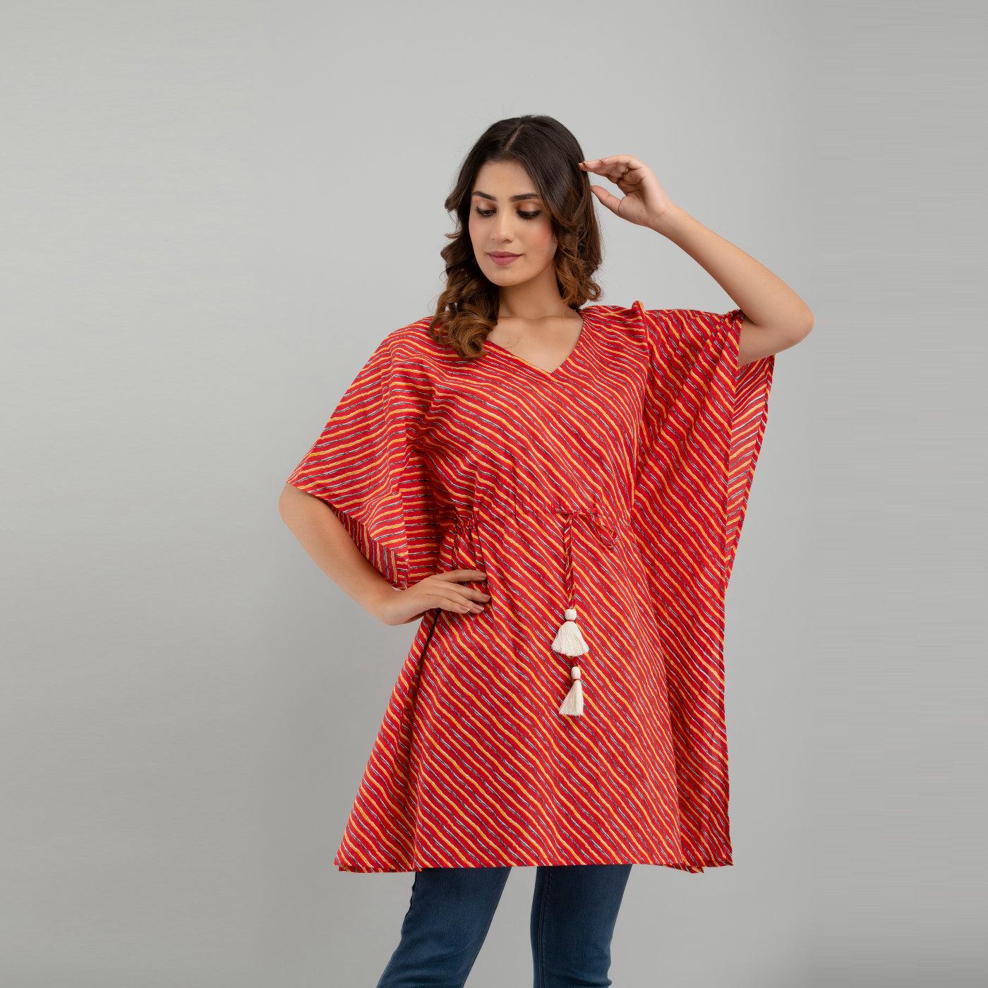 Red Leheriya Print Cotton Kaftan Dress (SHKUP1223) - Frionkandy