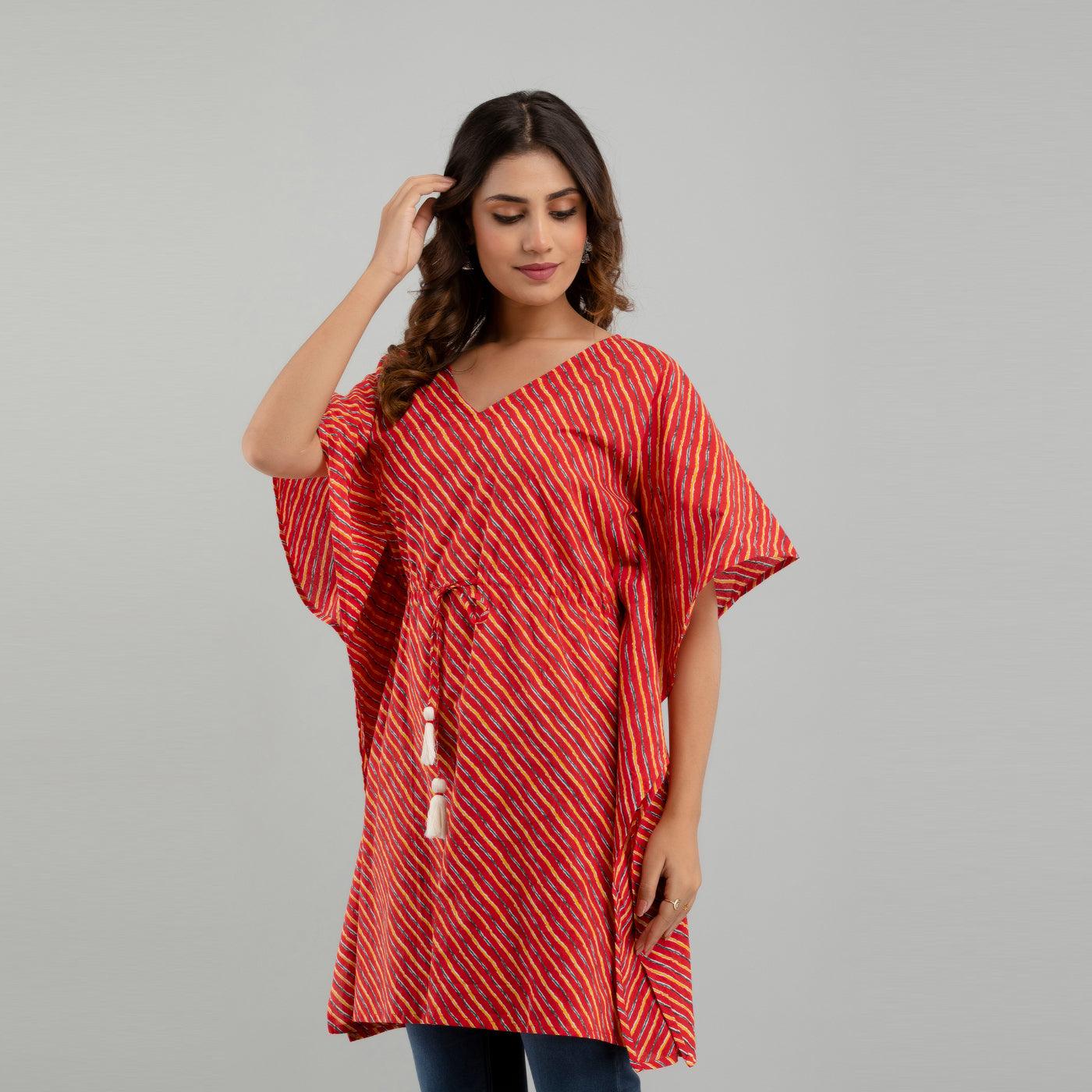 Red Leheriya Print Cotton Kaftan Dress (SHKUP1223) - Frionkandy