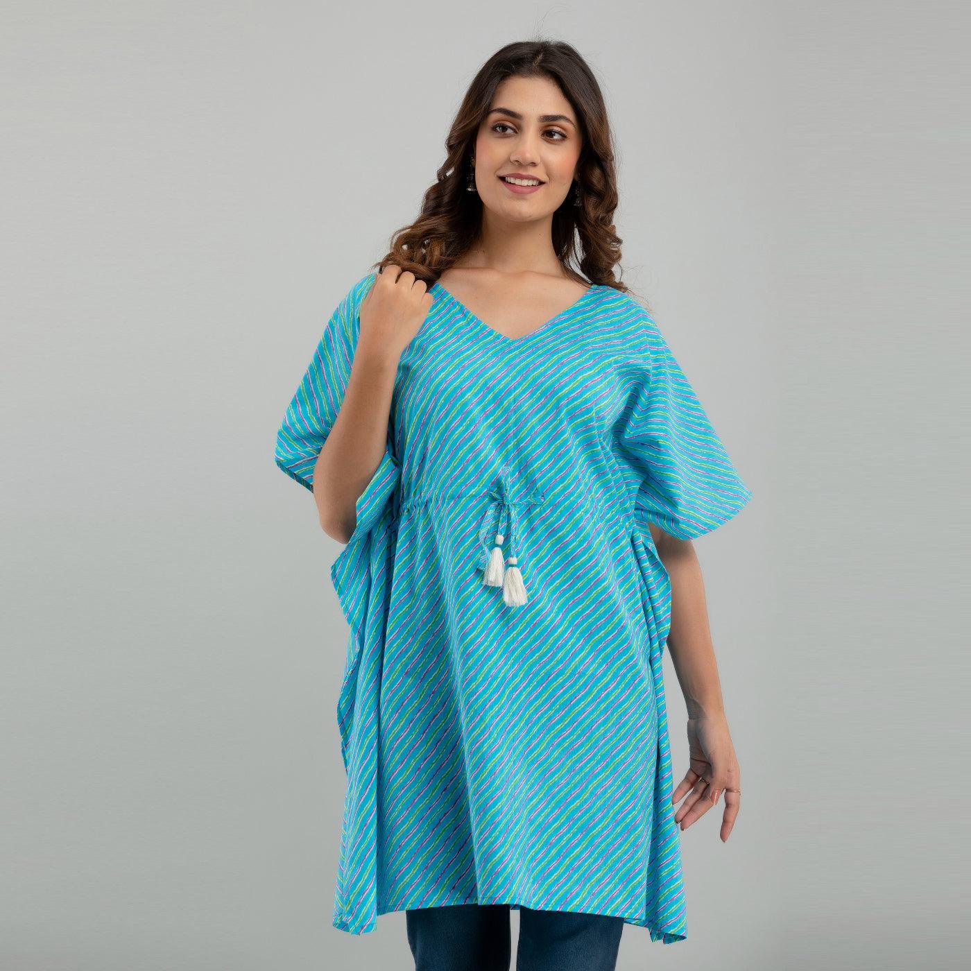 Light Blue Leheriya Print Cotton Kaftan Dress (SHKUP1224) - Frionkandy