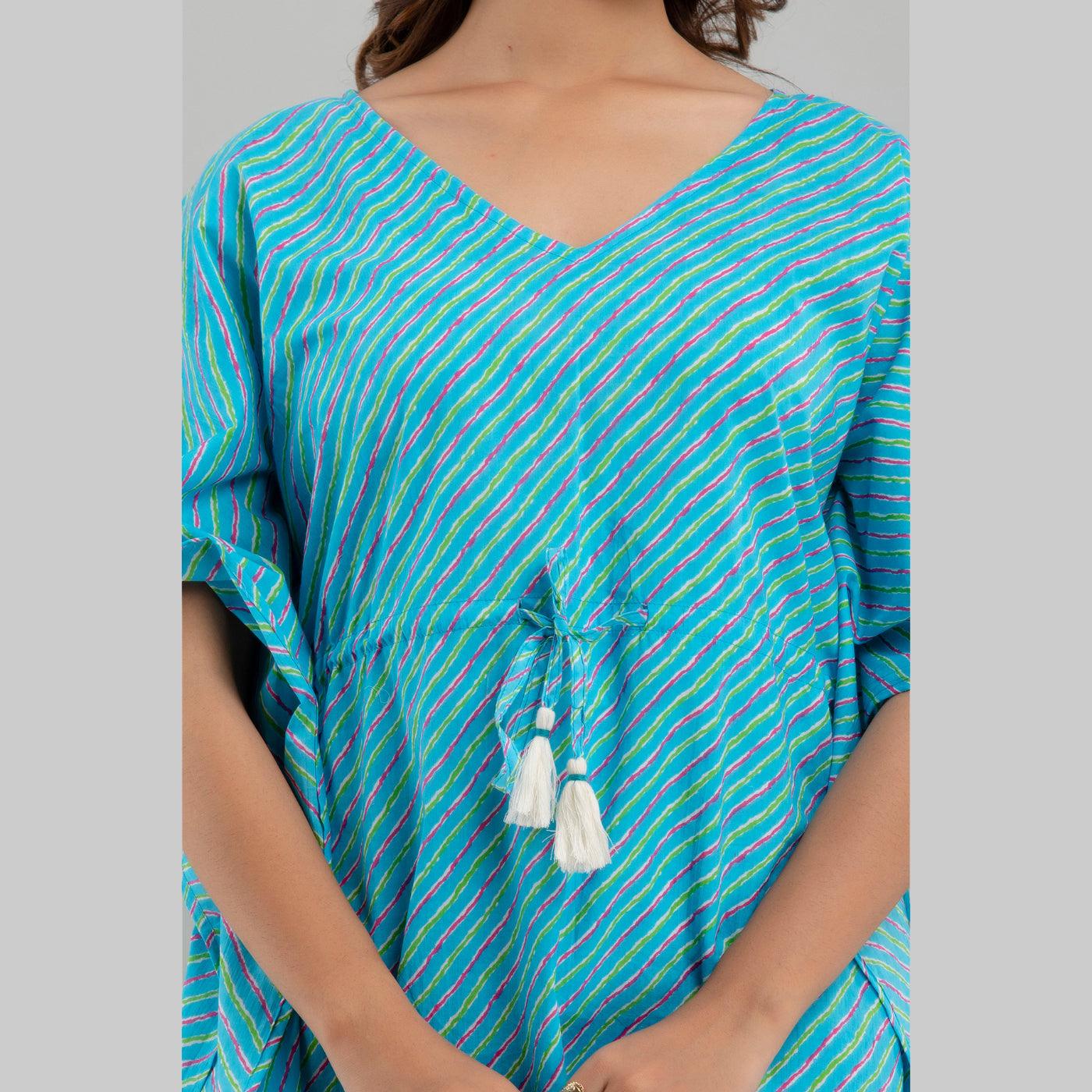 Light Blue Leheriya Print Cotton Kaftan Dress (SHKUP1224) - Frionkandy