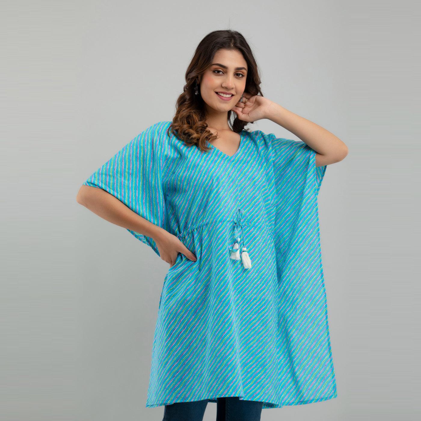 Light Blue Leheriya Print Cotton Kaftan Dress (SHKUP1224) - Frionkandy