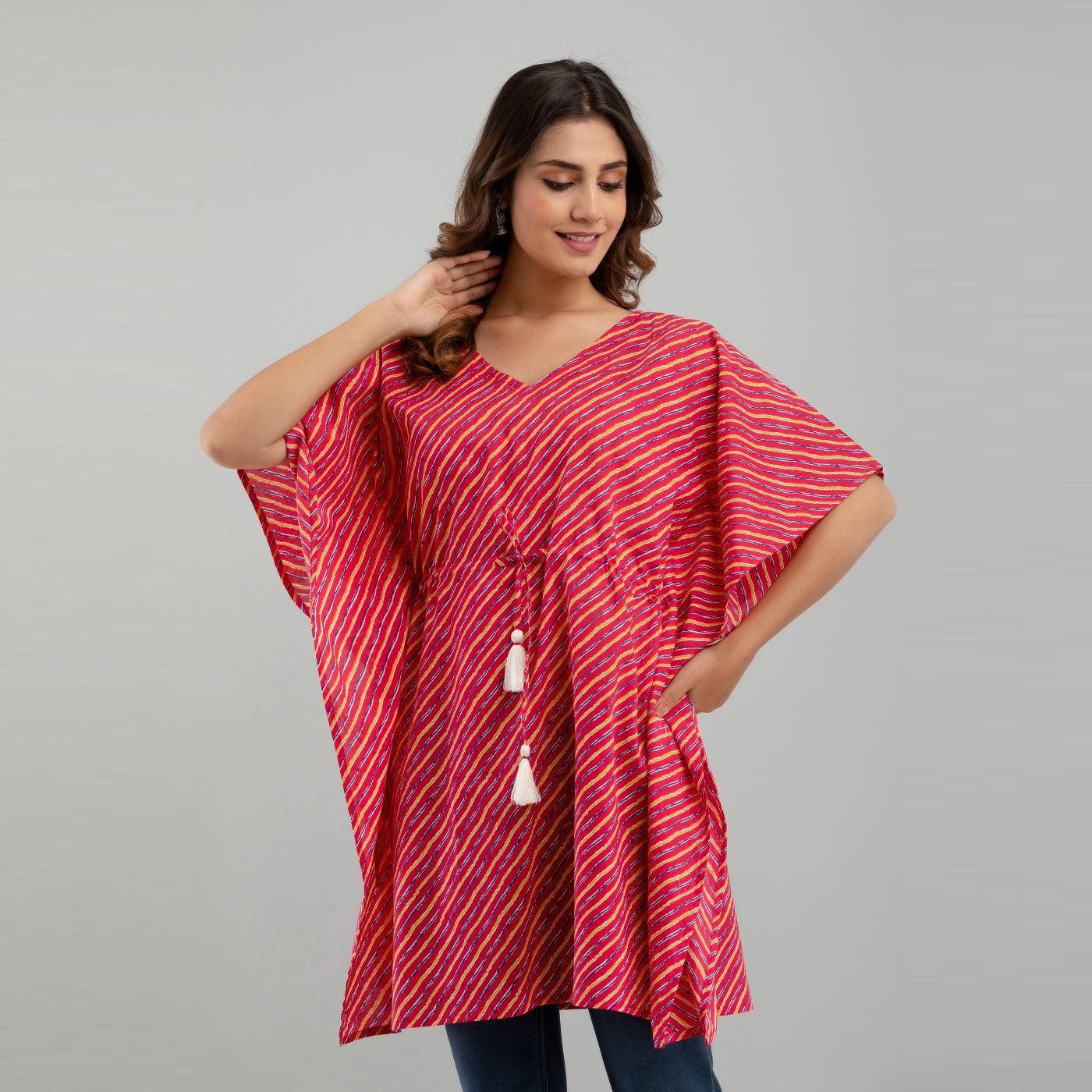 Pink Leheriya Print Cotton Kaftan Dress (SHKUP1225) - Frionkandy