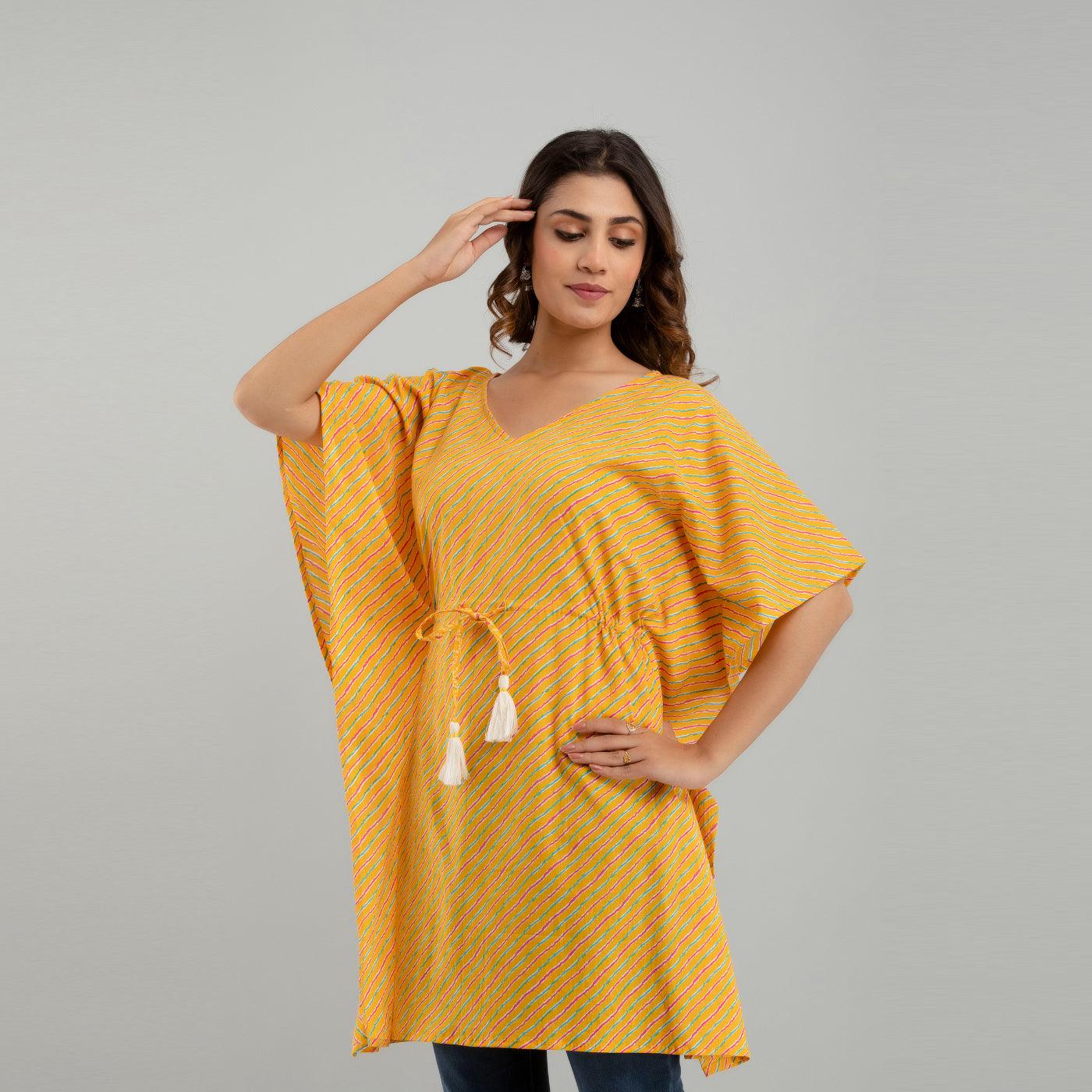 Yellow Leheriya Print Cotton Kaftan Dress (SHKUP1226) - Frionkandy