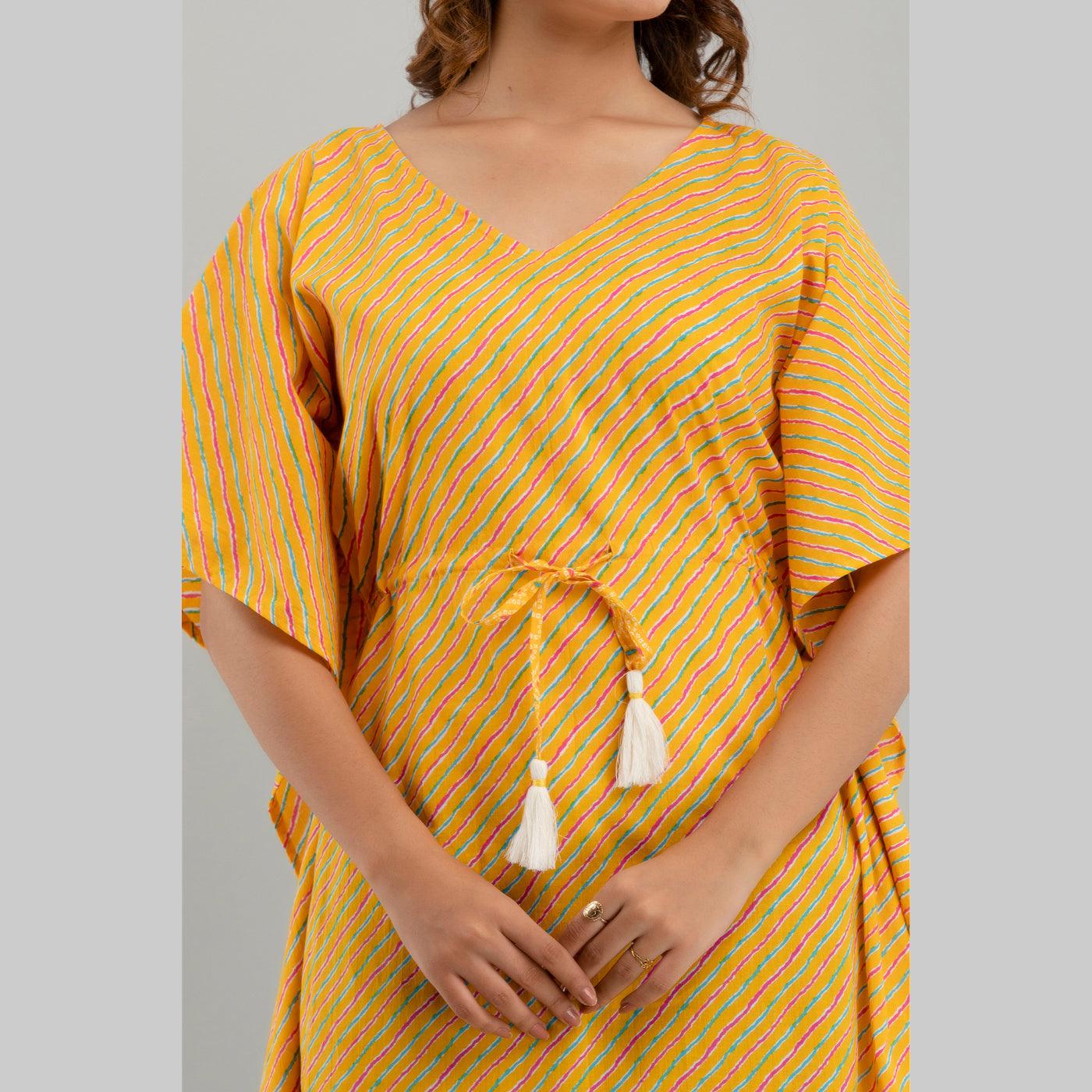 Yellow Leheriya Print Cotton Kaftan Dress (SHKUP1226) - Frionkandy