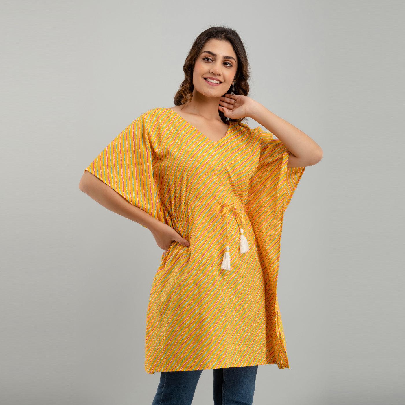 Yellow Leheriya Print Cotton Kaftan Dress (SHKUP1226) - Frionkandy