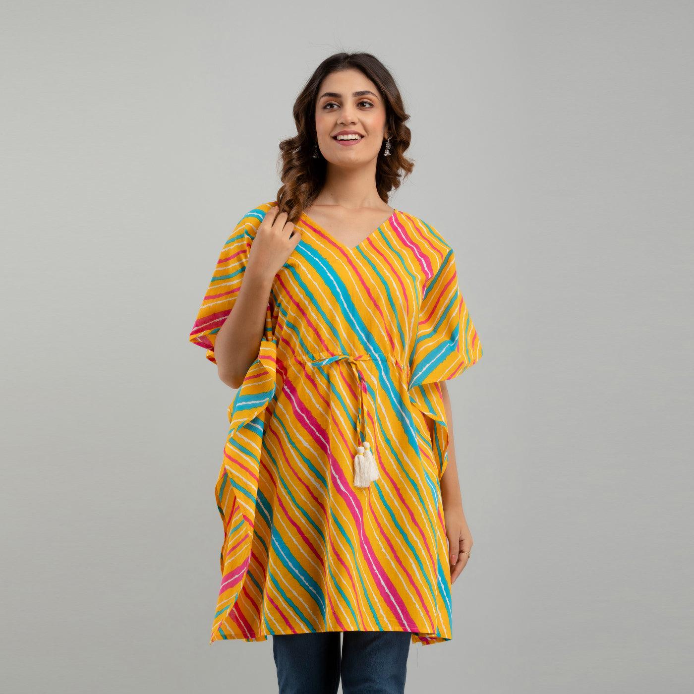 Yellow Leheriya Print Cotton Kaftan Dress (SHKUP1227) - Frionkandy